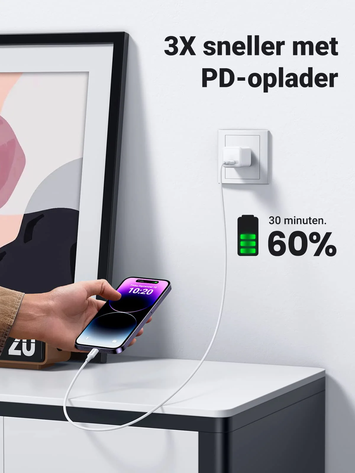 UGREEN USB C naar Lightning Oplaadkabel Wit MFi Lightning USB C Kabel PD 3.0 (1M) - Image 3