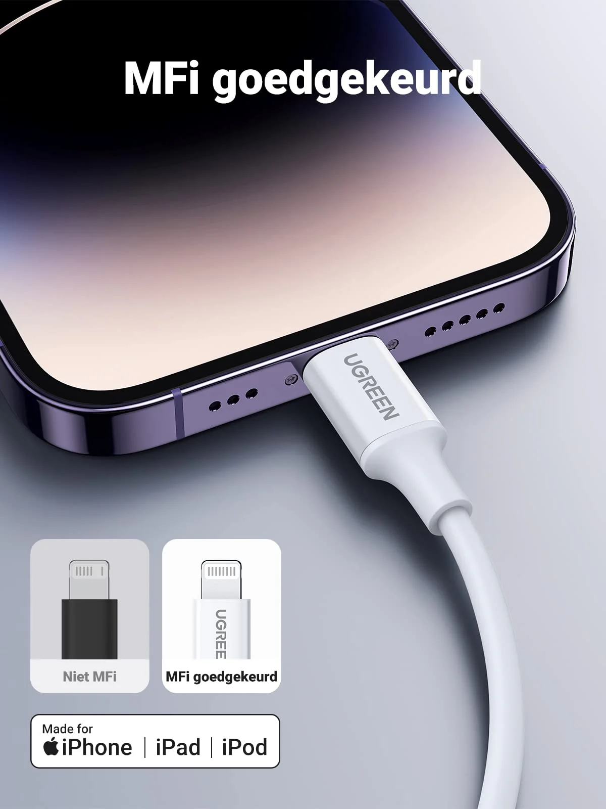UGREEN USB C naar Lightning Oplaadkabel Wit MFi Lightning USB C Kabel PD 3.0 (1M) - Image 4