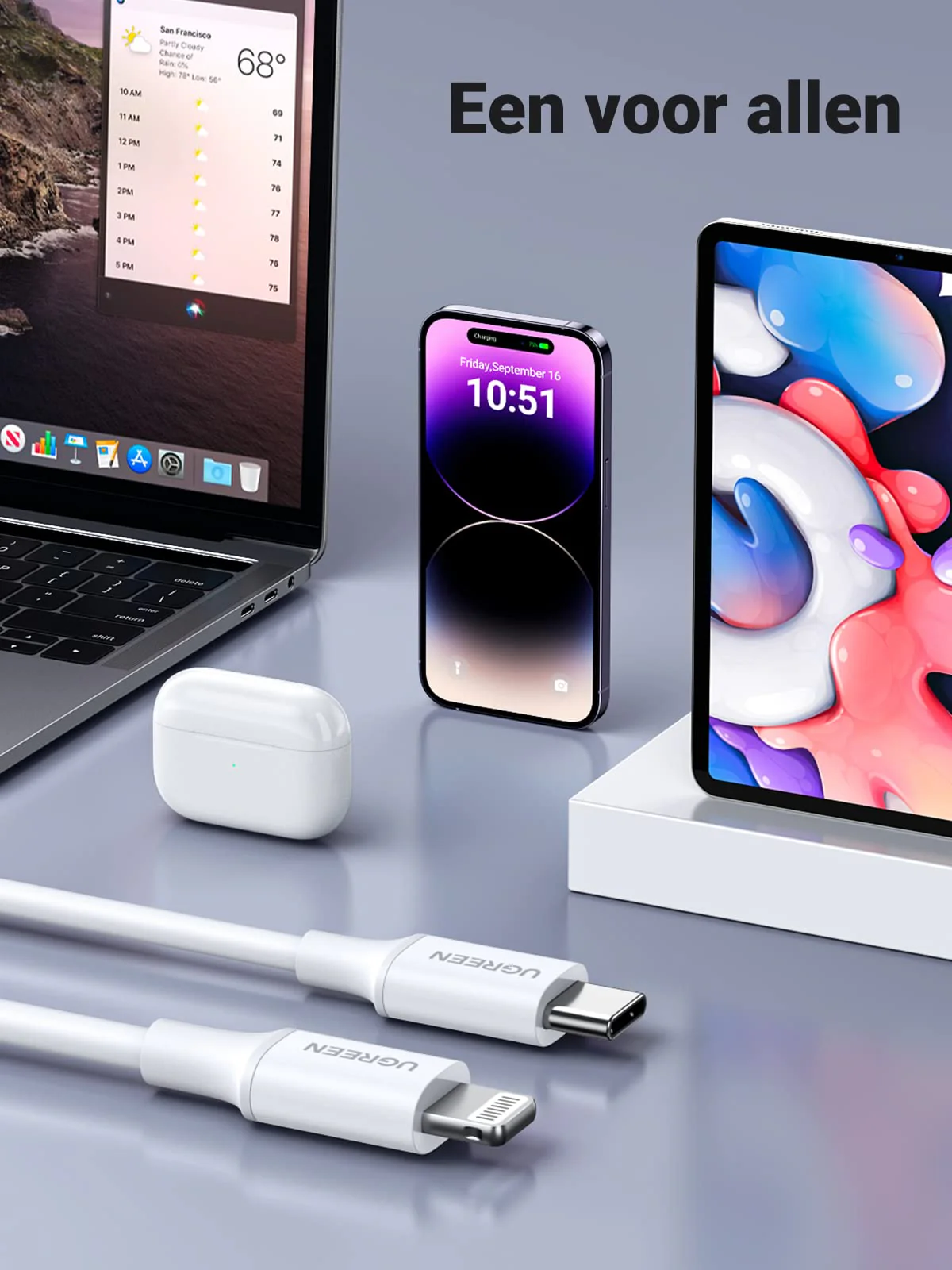 UGREEN USB C naar Lightning Oplaadkabel Wit MFi Lightning USB C Kabel PD 3.0 (1M) - Image 7