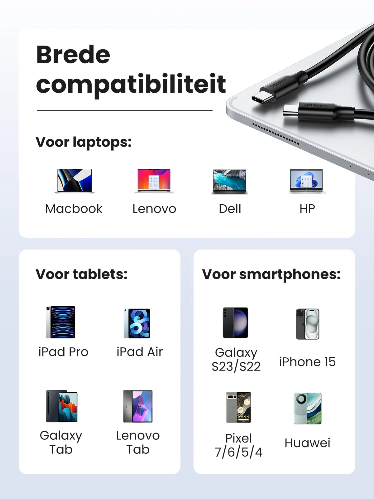 UGREEN USB C Kabel 100W 2st Oplaadkabel USB C naar USB C 5A/20V PD 3.0 PPS compatibel met iPhone 15, M2 MacBook Pro/Air, iPad Pro 12.9 iPad Air 5 Galaxy S23 Ultra Pixel 7 Pro Steam Deck enz. (1m) - Image 7