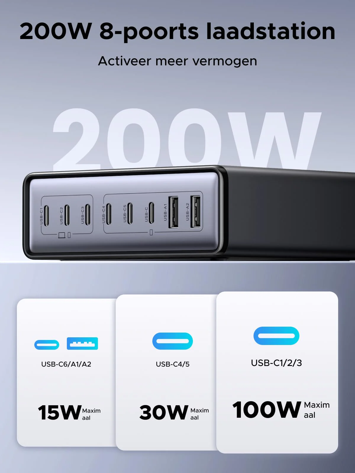 UGREEN 200W 8-Poorts GaN Desktop Snellader - Image 2