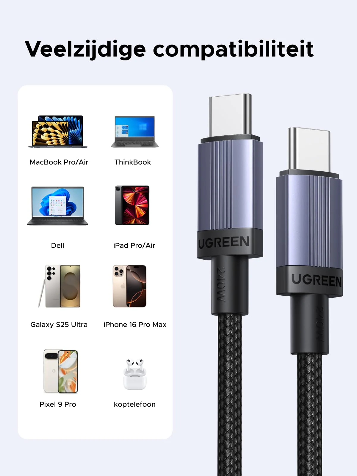 UGREEN 240W USB-C naar USB-C Oplaadkabel (Nylon Gevlochten) - Image 4