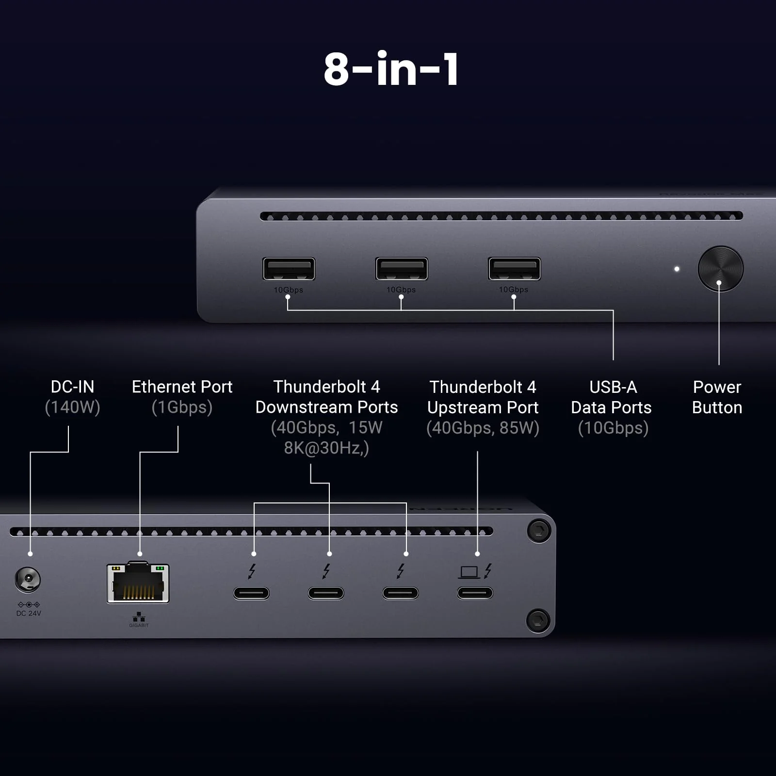 UGREEN Revodok Max 208 Thunderbolt 4 Dock 40 Gbps 8 in 1 dockingstation 3Thunderbolt 4 (dubbel 4K bij 60 Hz enkel 8K scherm) - Image 2