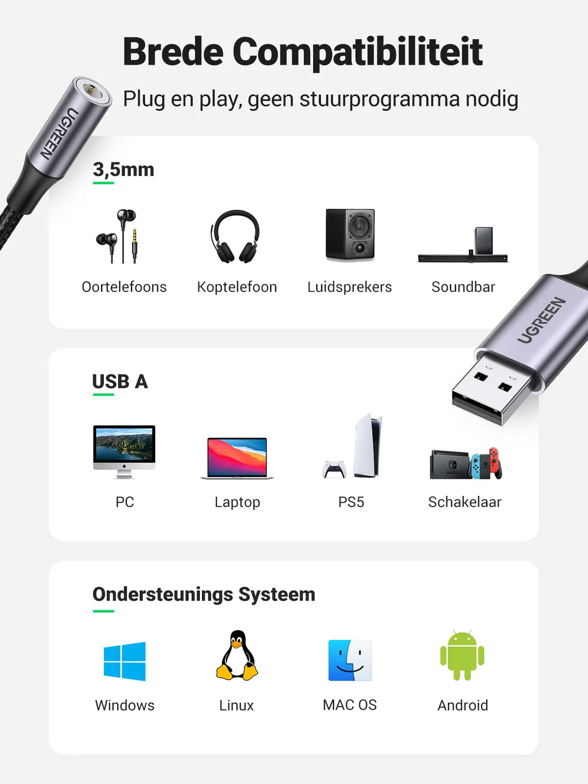 UGREEN USB Jack Adapter USB Geluidskaart Jack naar USB - Image 3