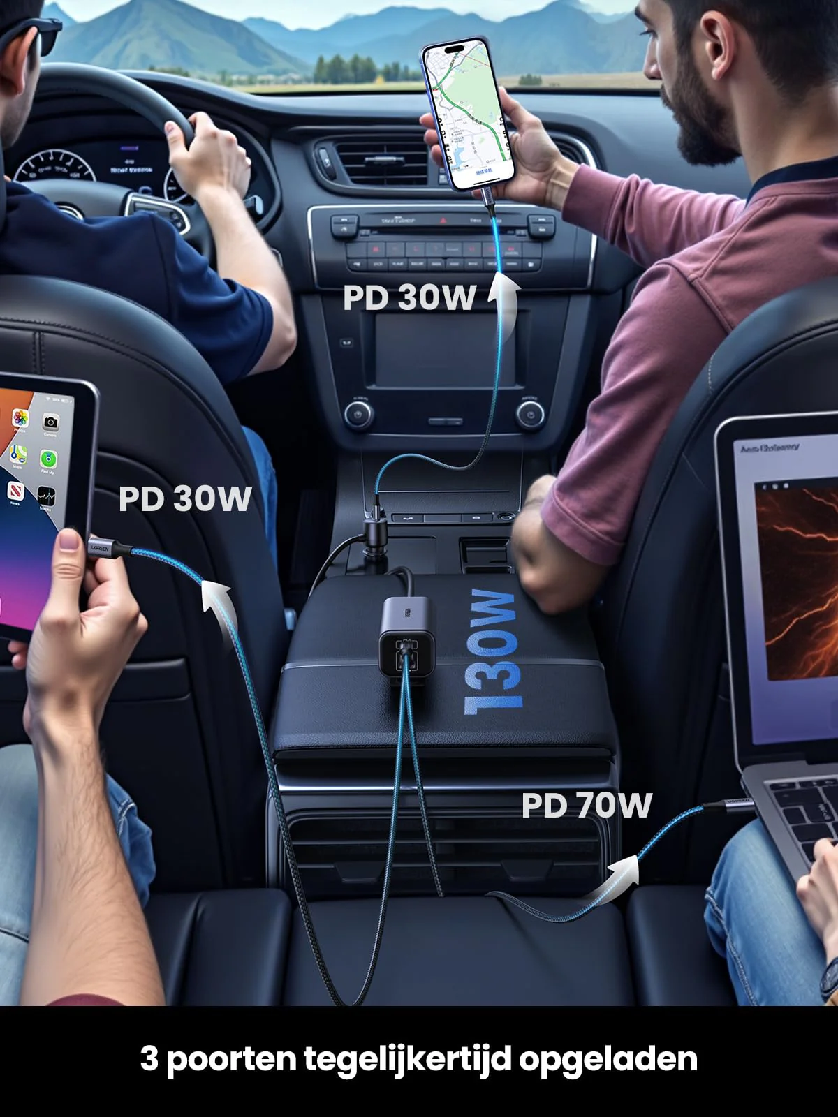 UGREEN 130W GaN sigarettenaansteker USB PD3.0 autolader USB C 4-poorts - Image 4
