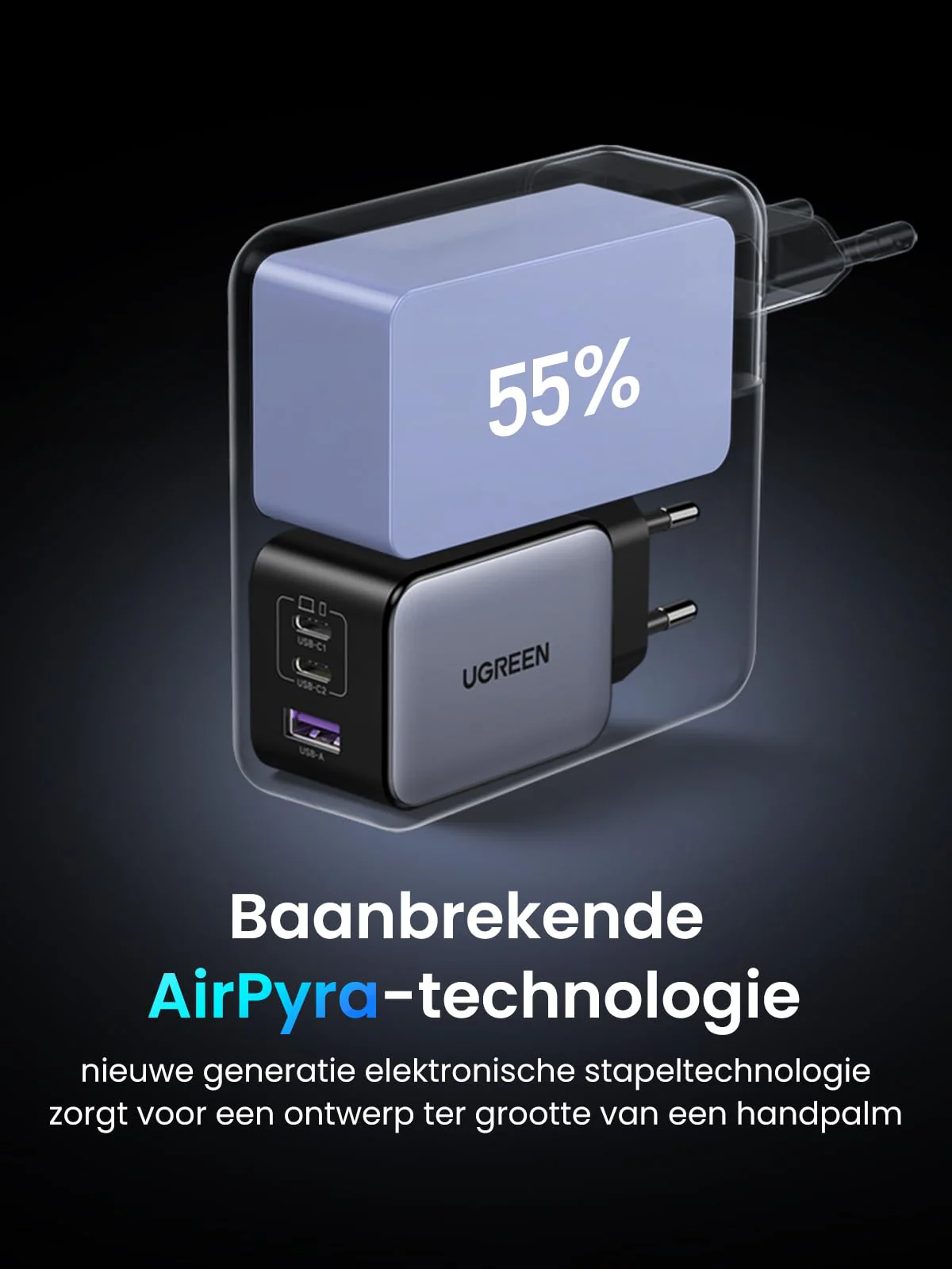 UGREEN Nexode X 65W USB-C GaN Oplader met 3 Poorten - Image 3