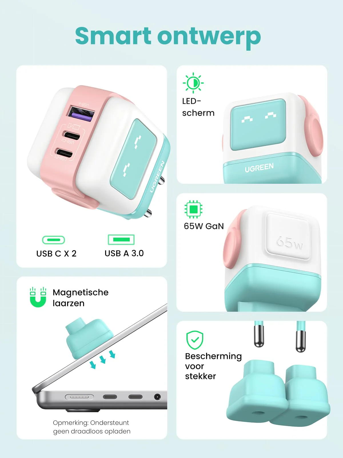 UGREEN Uno USB C oplader 65W GaN oplader USB C voeding 3 poorts snellader (blauwroze) - Image 5