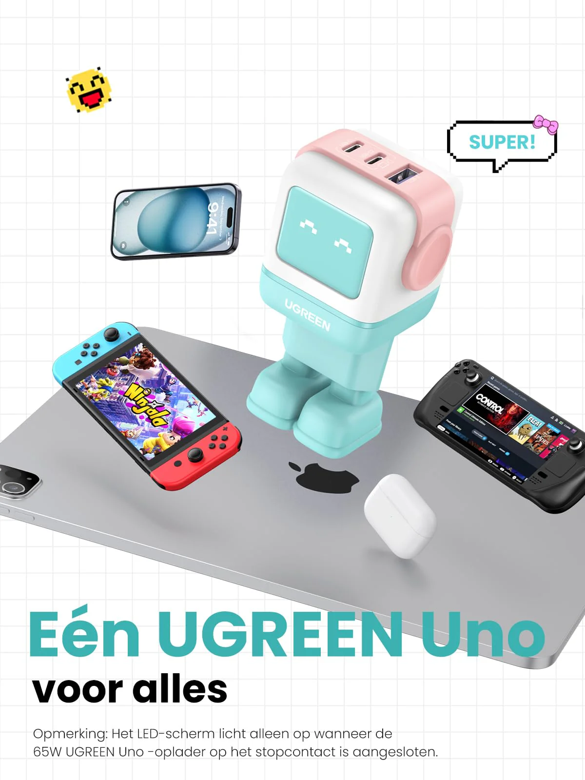 UGREEN Uno USB C oplader 65W GaN oplader USB C voeding 3 poorts snellader (blauwroze) - Image 7