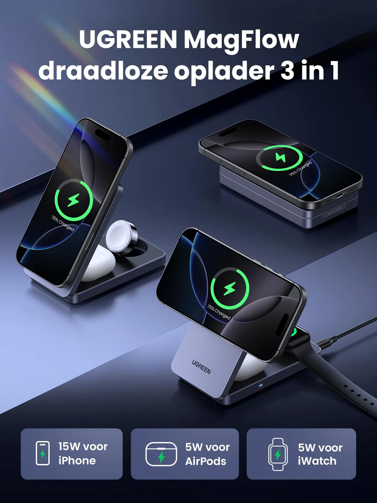 UGREEN MagFlow 3-in-1 Qi2 Draadloze Oplader 15W - Image 4