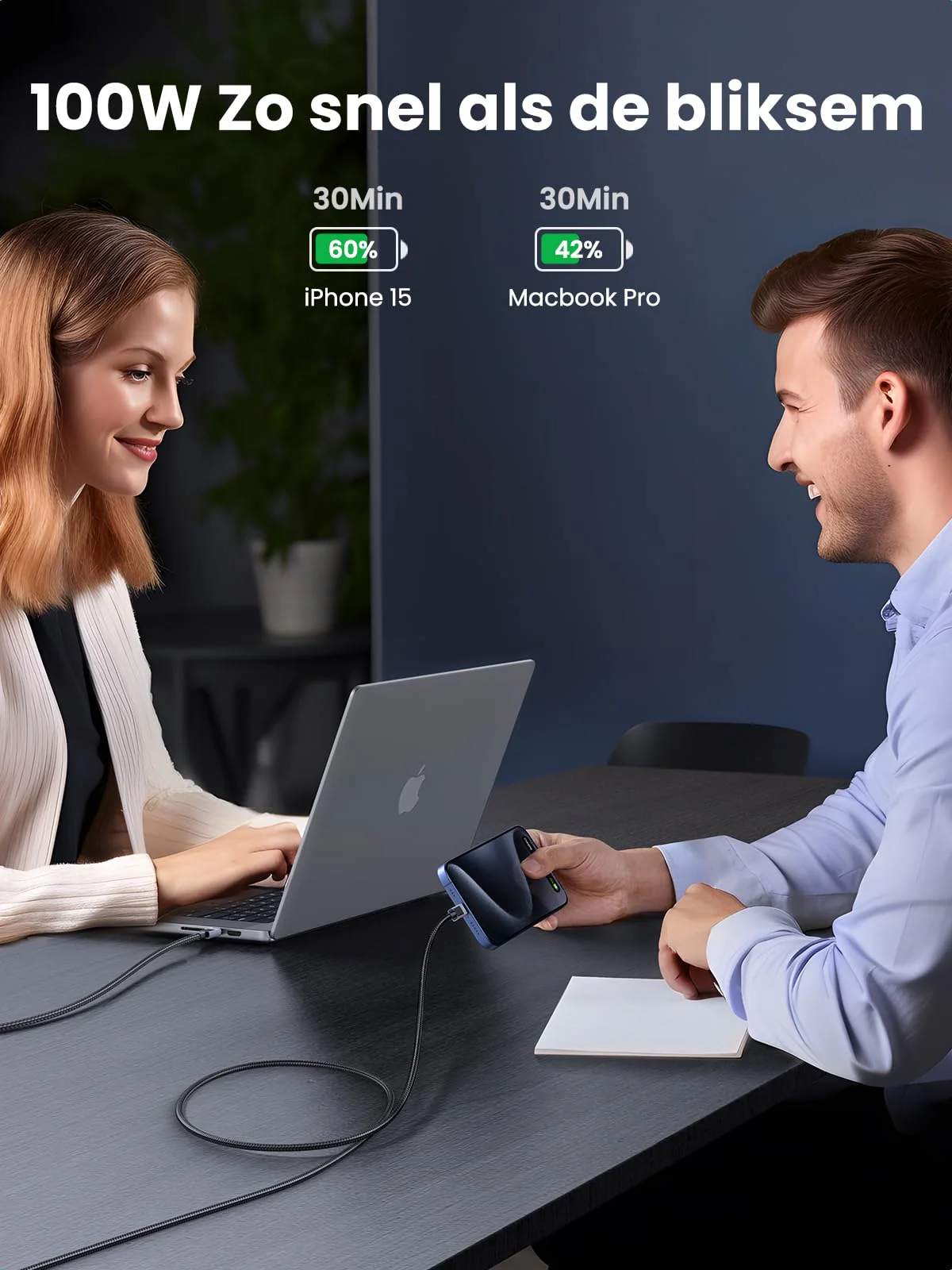 UGREEN 100W USB C-kabel PD 3.0 oplaadkabel USB C naar USB C snellaadkabel 5A/20V (1m) - Image 3
