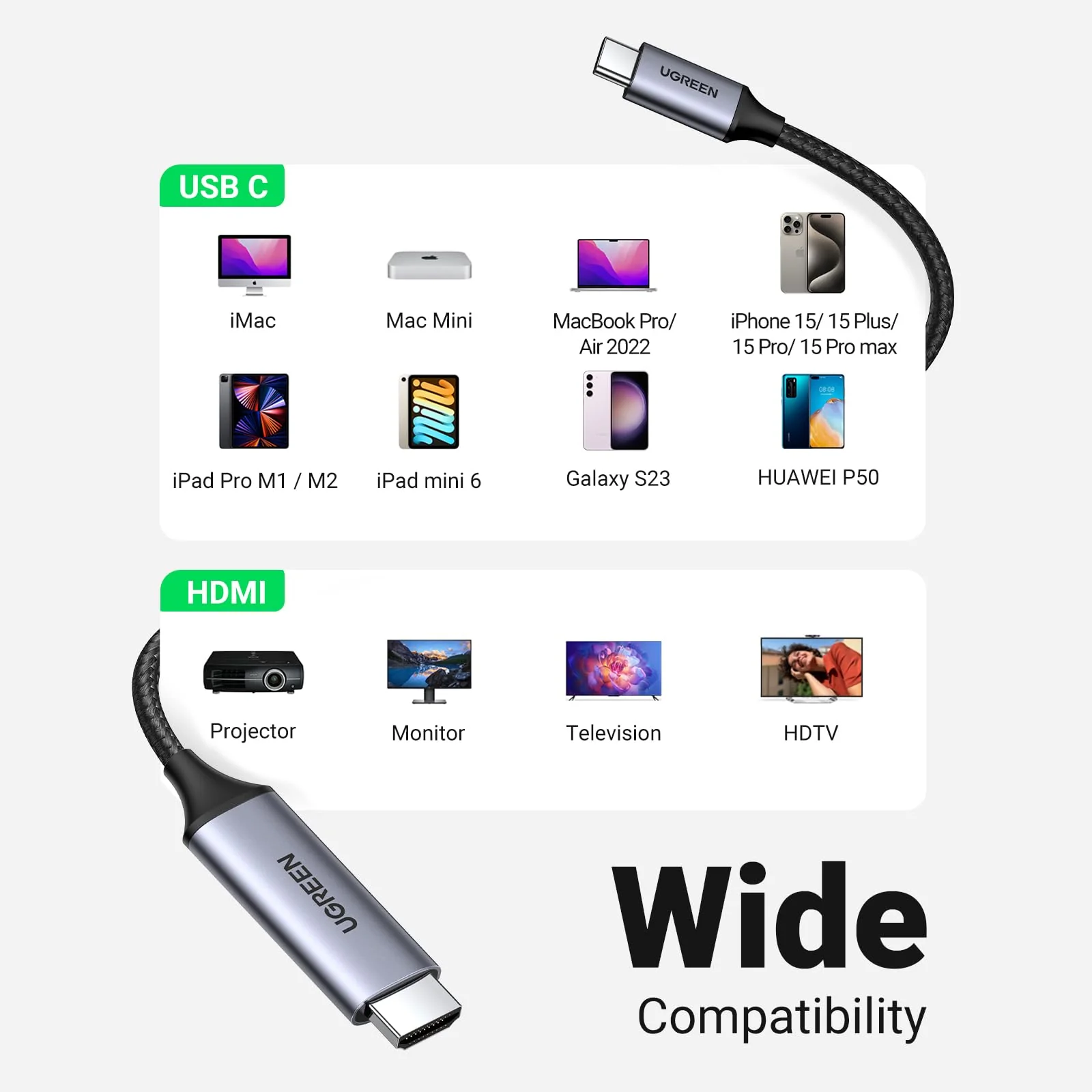 UGREEN 4K USB C (Thunderbolt 3) naar HDMI Kabel 2m Nylon Ondersteunt - Image 7