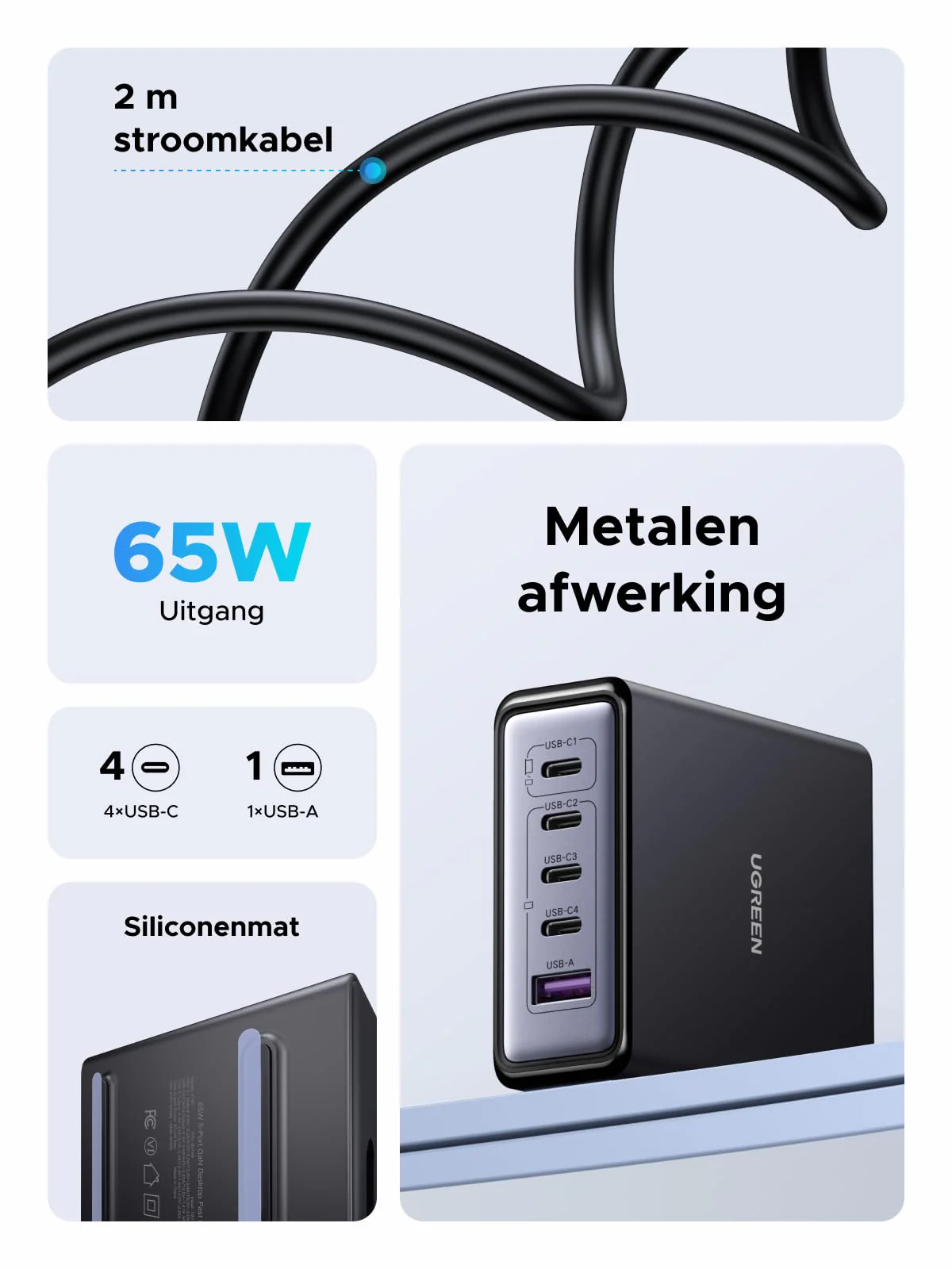 UGREEN 65W 5-Poorts GaN Desktop Snellader - Image 6