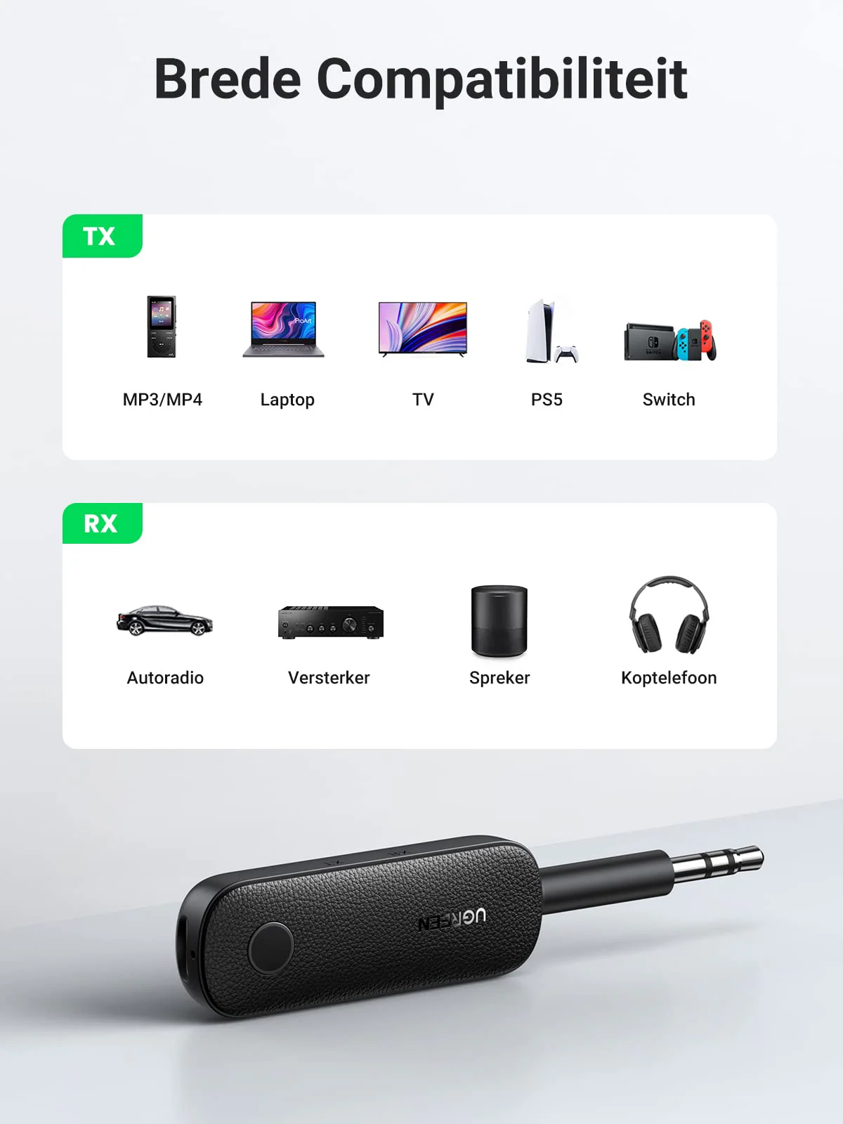 UGREEN Bluetooth 5.0 Zender 2-in-1 Ontvanger met 3,5mm Aansluiting en Ingebouwde voor Auto Microfoon - Image 7