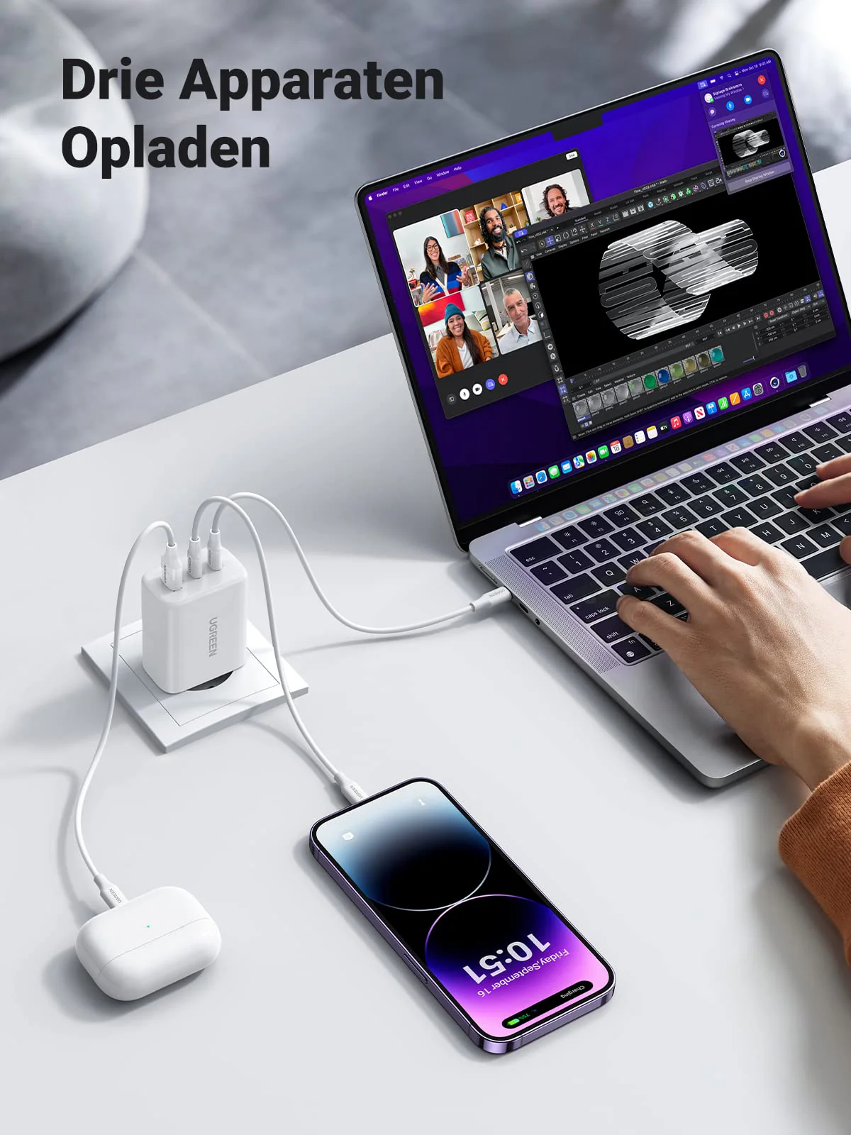 UGREEN 65W USB C Oplader - 3-Poorts PD Lader - Image 4