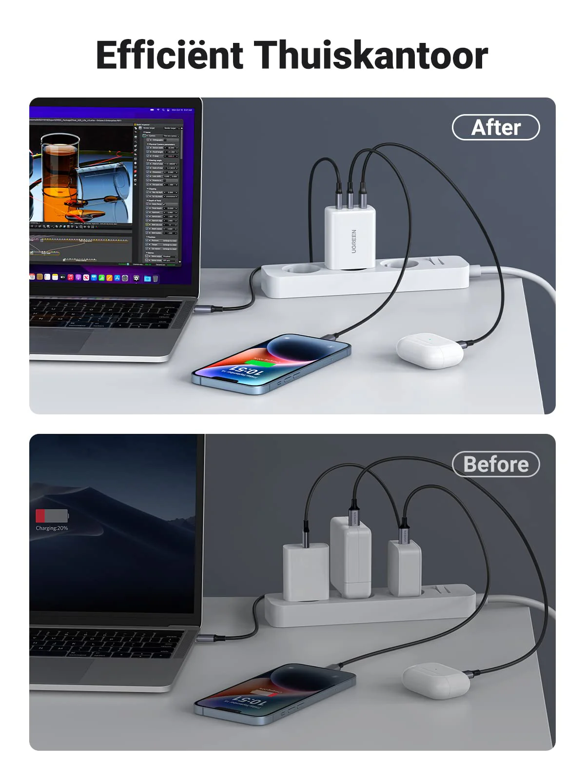 UGREEN 65W USB C Oplader - 3-Poorts PD Lader - Image 6