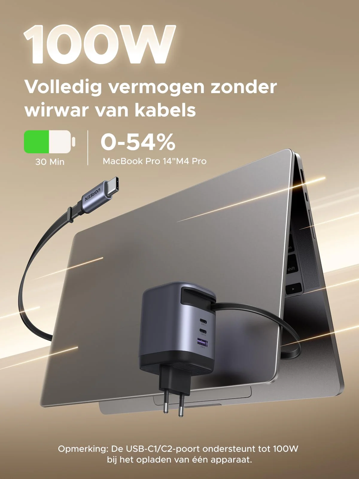 UGREEN Nexode 100W Oplader met Retractable USB-C-kabel - Image 2