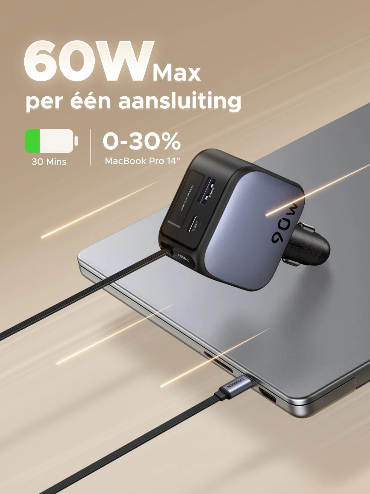 UGREEN Nexode Autolader 90W met Retractable USB-C-kabel - Image 3