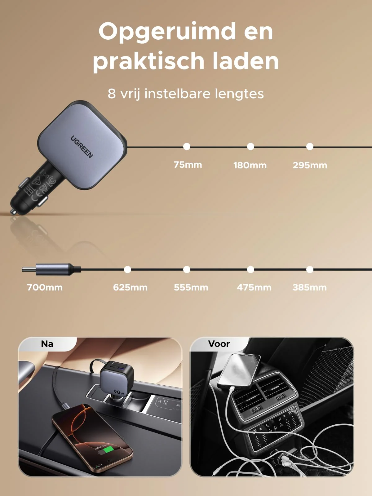UGREEN Nexode Autolader 90W met Retractable USB-C-kabel - Image 5