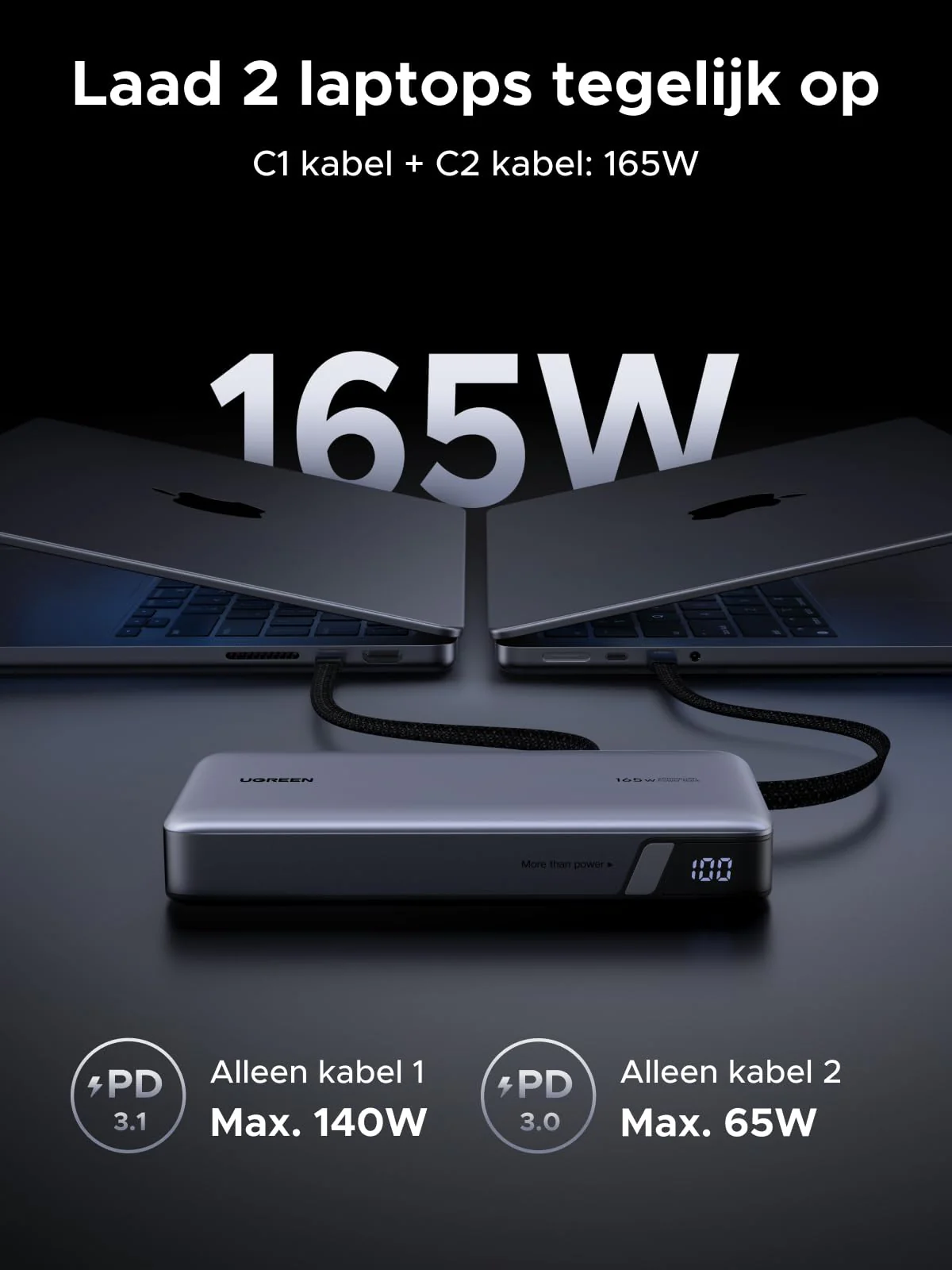 UGREEN Nexode Powerbank 25000mAh 165W met PD3.1 en dubbele USB-C-kabels - Image 4