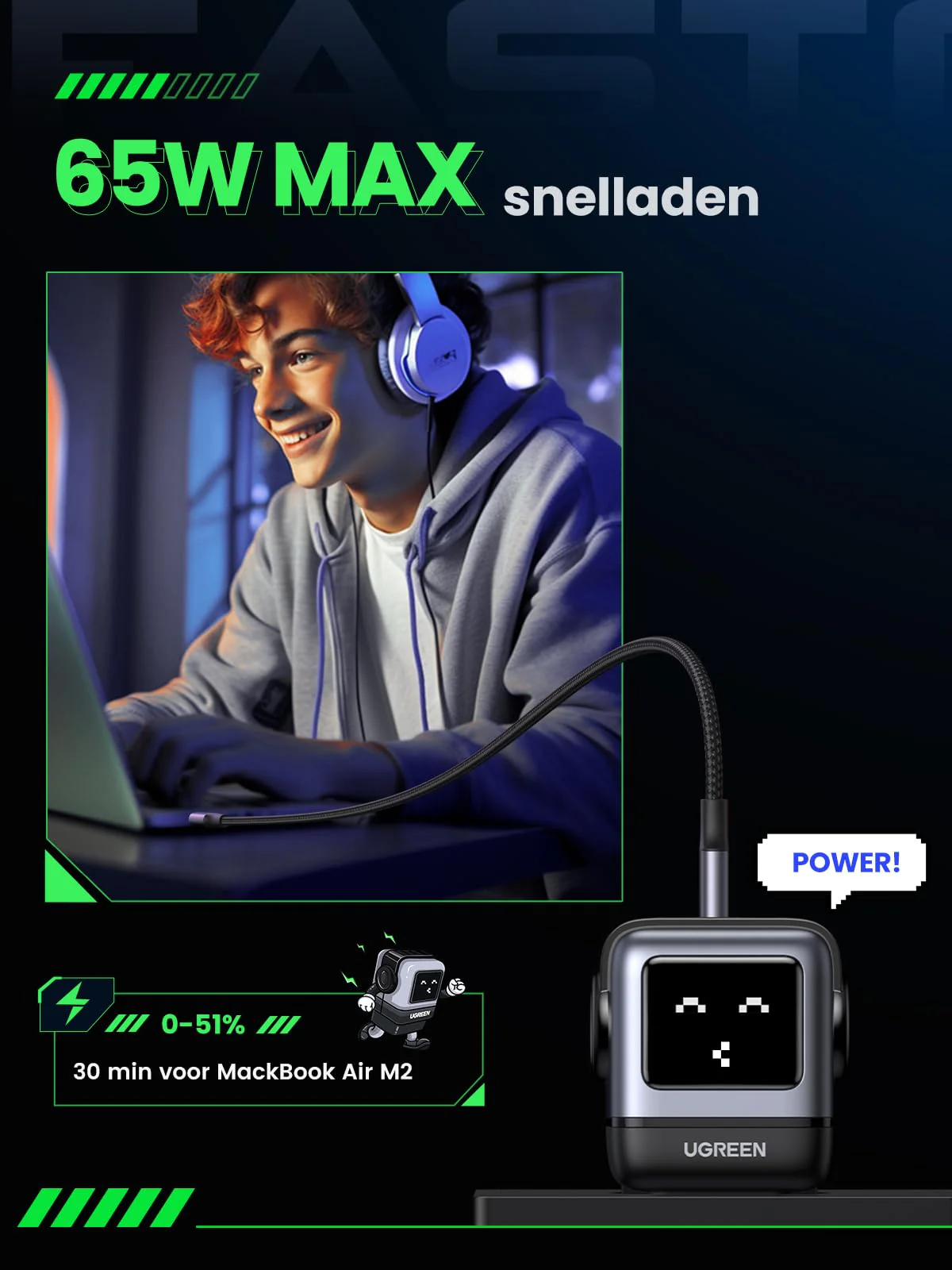 UGREEN Uno oplader 65W USB C-voeding 3-poorts snellader GaN (zwart) - Image 3