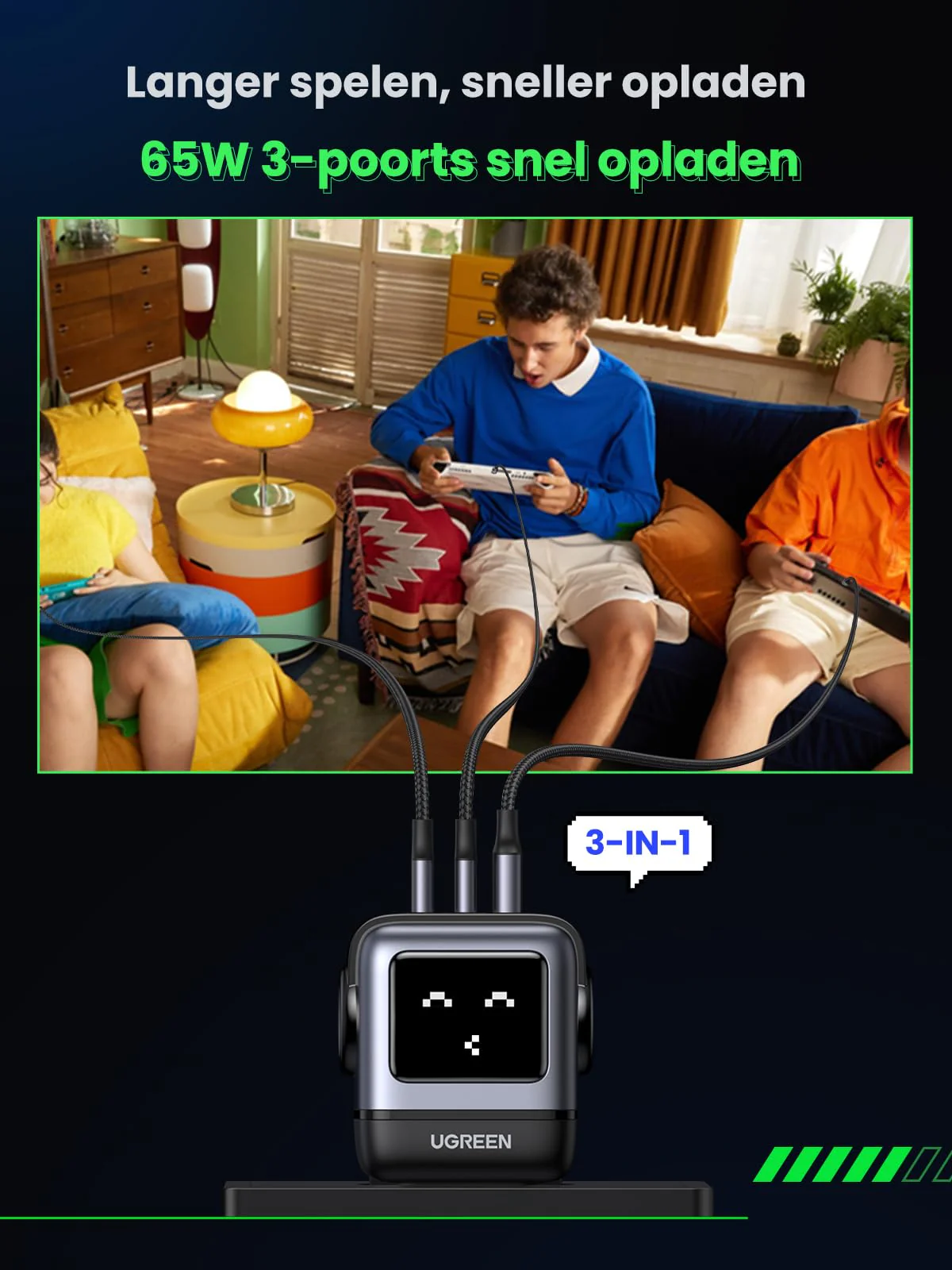 UGREEN Uno oplader 65W USB C-voeding 3-poorts snellader GaN (zwart) - Image 4