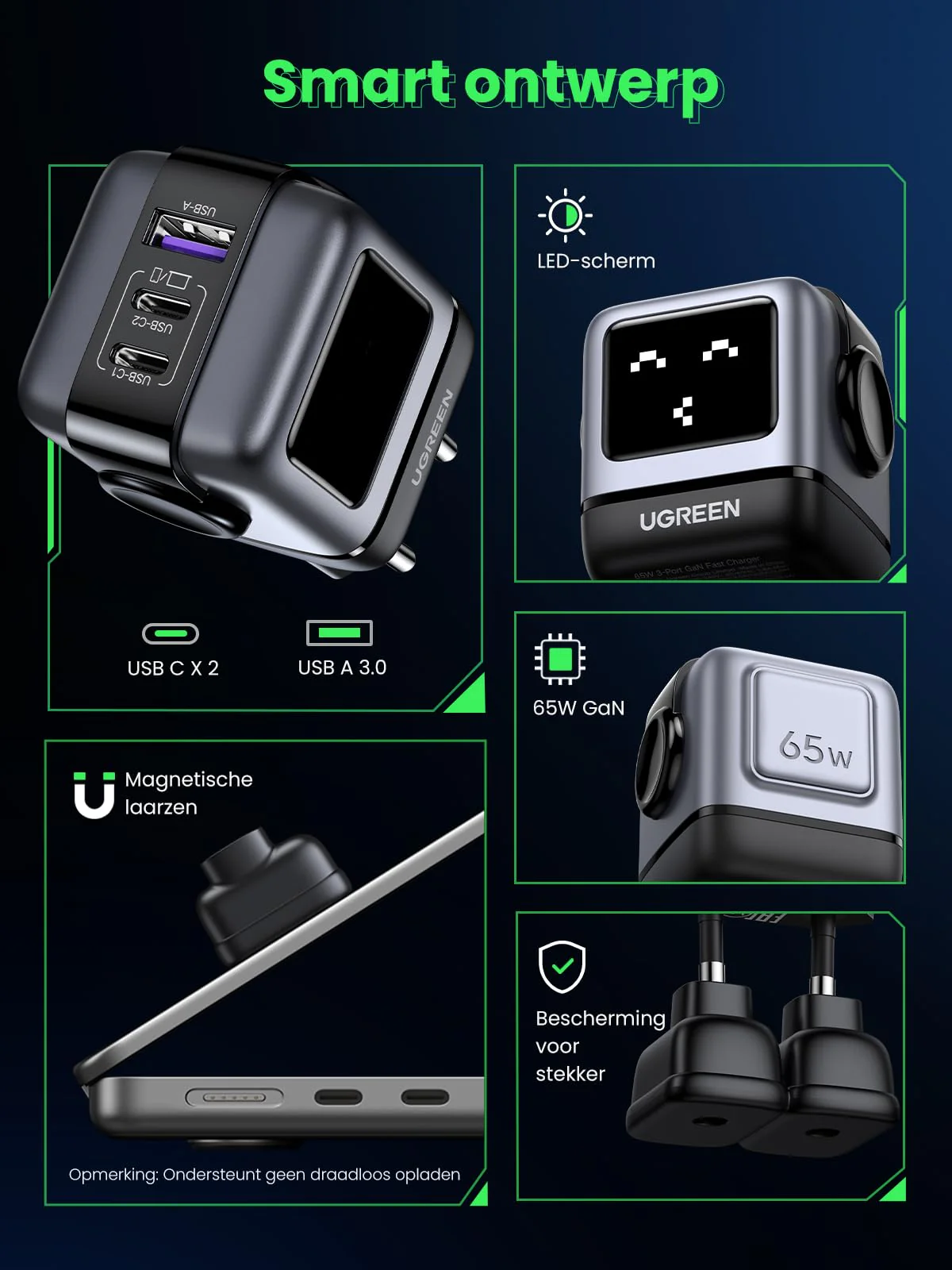UGREEN Uno oplader 65W USB C-voeding 3-poorts snellader GaN (zwart) - Image 6