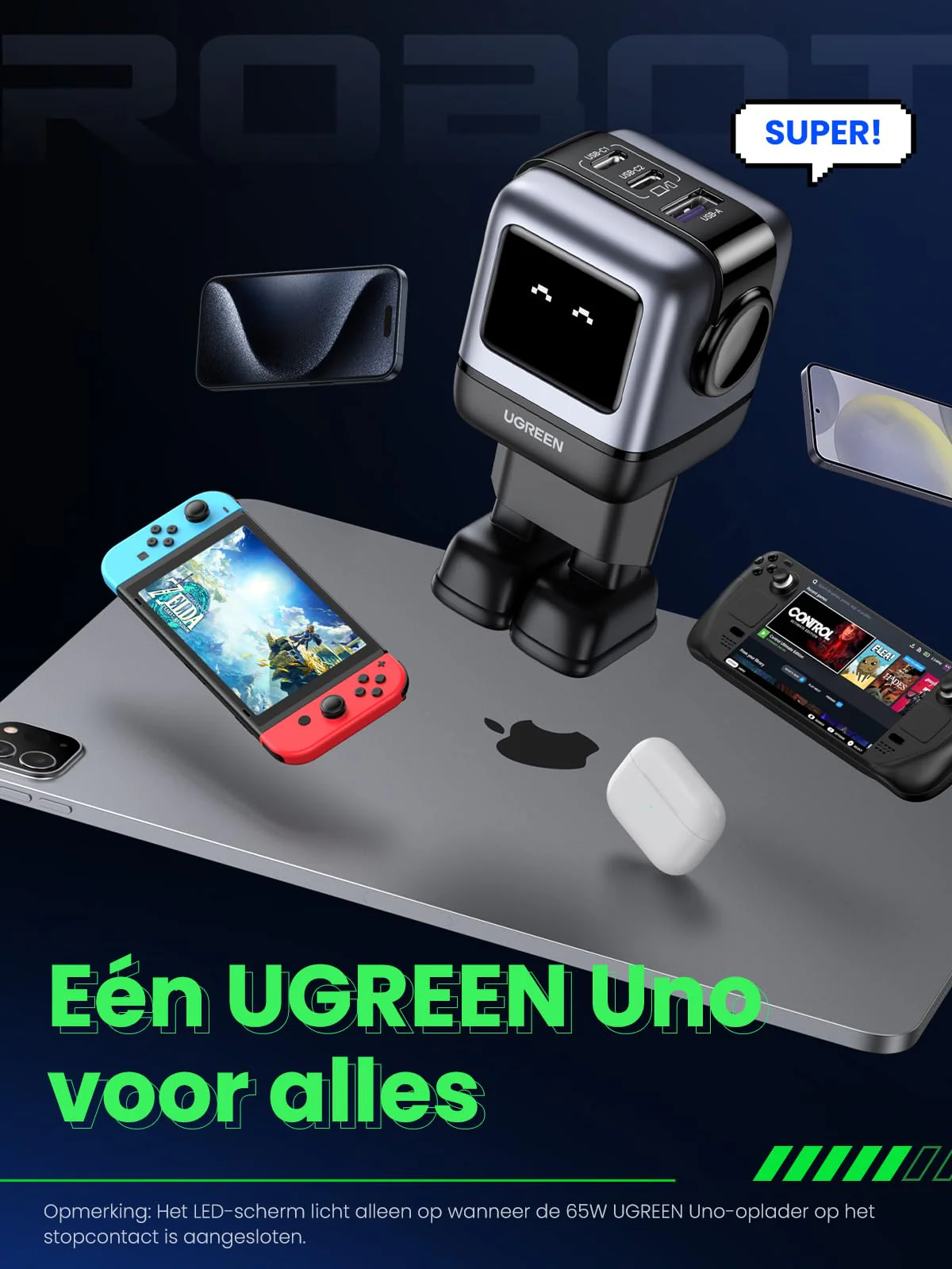 UGREEN Uno oplader 65W USB C-voeding 3-poorts snellader GaN (zwart) - Image 8
