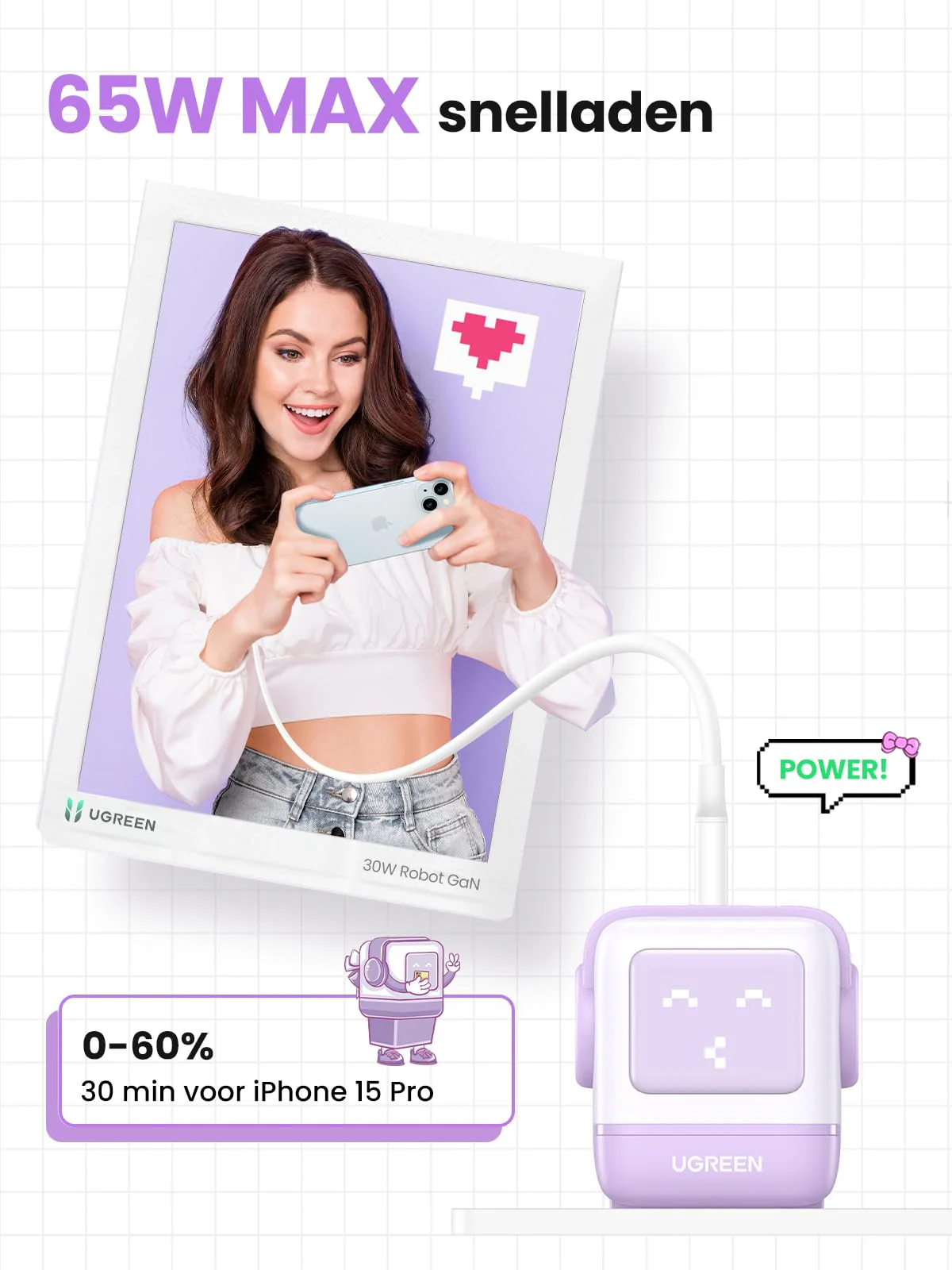 UGREEN Uno oplader 65W USB C GaN II Tech Snellader (Violett) - Image 3