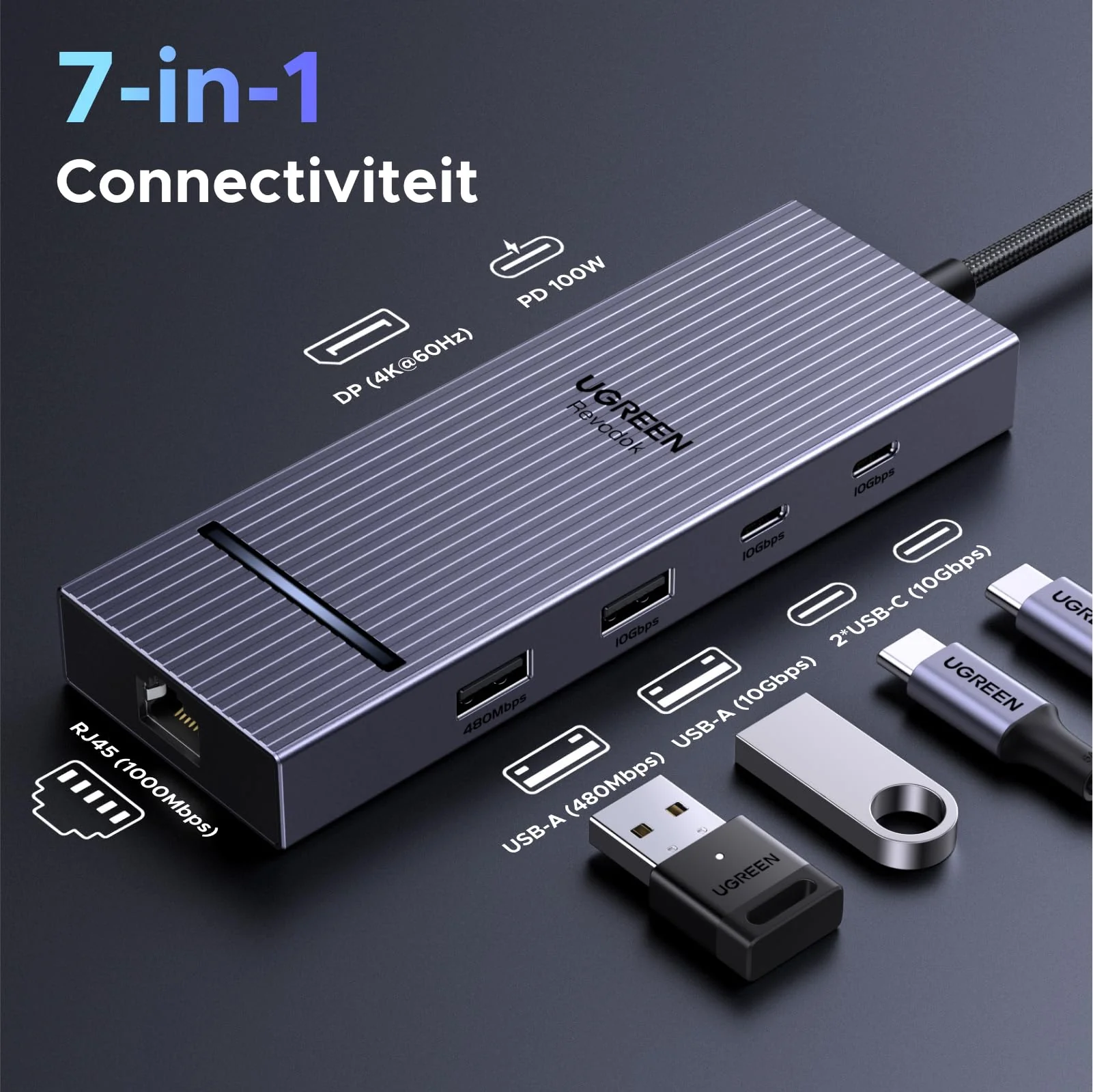 UGREEN Revodok Pro 1071 7-IN-1 USB-C-hub (4K@60Hz, 10Gbps, 100W PD) - Image 2