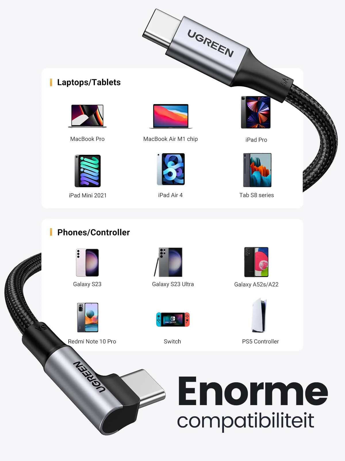 UGREEN 100W USB C naar USB C Kabel Hoek PD 3.0 Oplaadkabel USB-C 90° - Image 7