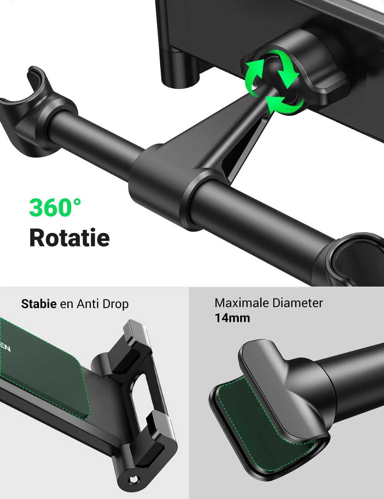 UGREEN Auto Tablet Houder Hoofdsteun 360° Rotatie - Image 4
