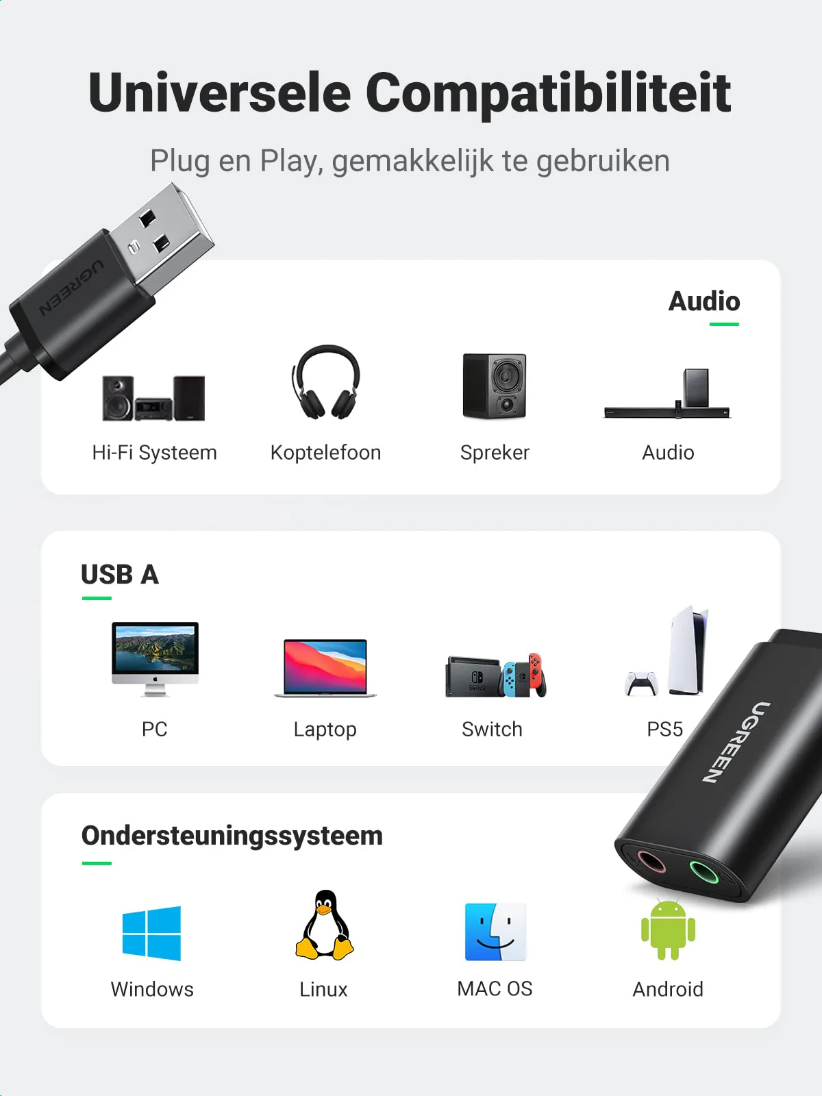 UGREEN Externe Stereo Geluidskaart USB Audio Adapter Plug en Play Sound Card USB Geluidskaart - Image 3