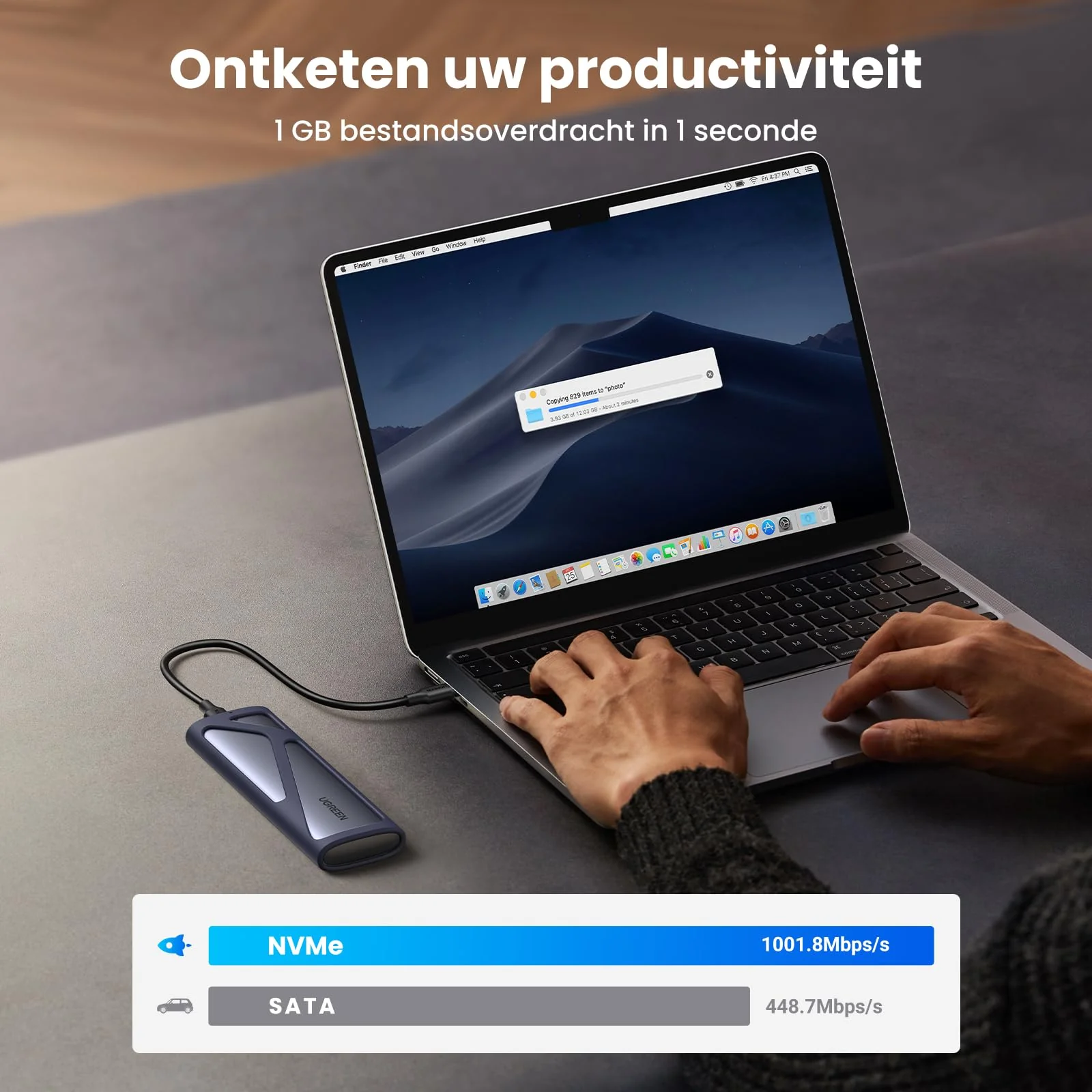 UGREEN M.2 NVME NGFF SSD Behuizing USB 3.2 10Gbps Gen 2 Aluminium M.2 Adapter - Image 3