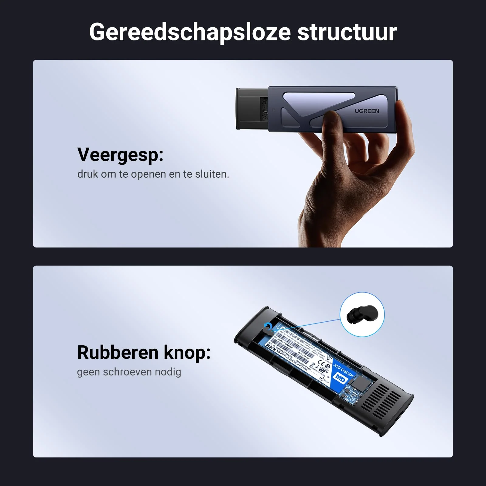 UGREEN M.2 Adapter NVMe SSD Harde Schijf Behuizing USB C 3.2 Gen 2 10Gbps UASP met USB A naar C en USB C naar C Kabels - Image 6