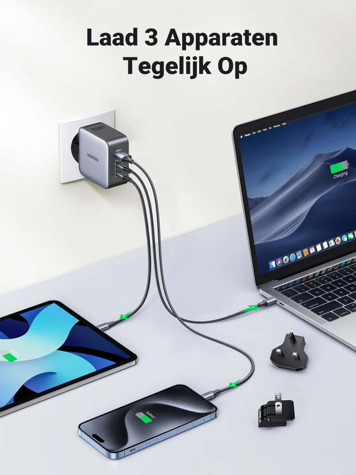 UGREEN Nexode 65W USB C GaN Oplader met 3 poorten met EU/US/UK Stekker - Image 3