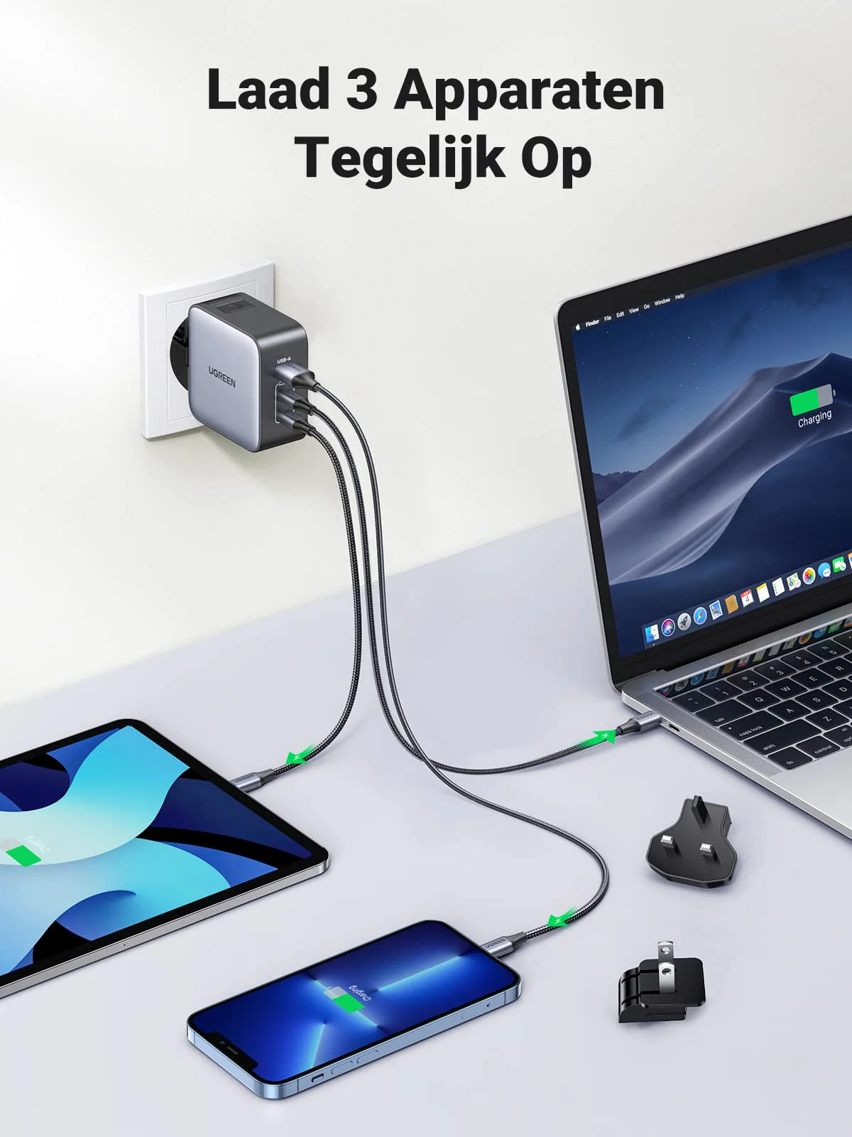 UGREEN Nexode 65W USB C GaN Oplader met 3 poorten met EU/US/UK Stekker - Image 4