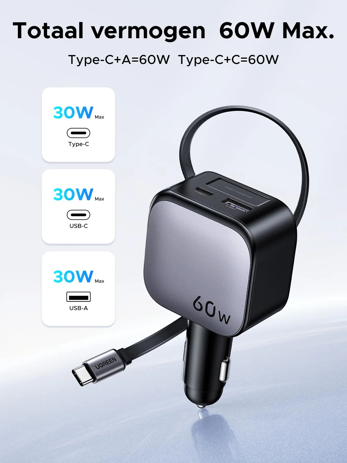 UGREEN Nexode Autolader 60W met Retractable USB-C-kabel - Image 2