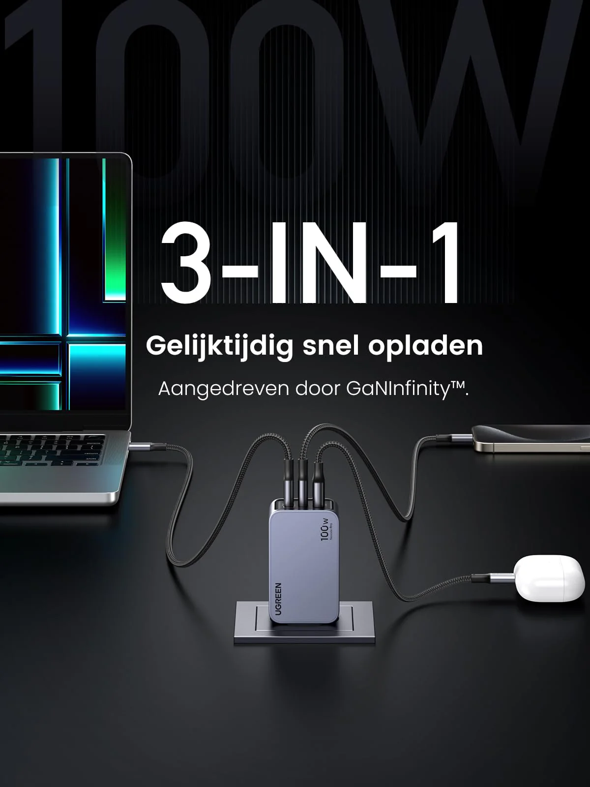 UGREEN Nexode Pro 100W Oplader GaN USB C 3-poorts snellader - Image 4