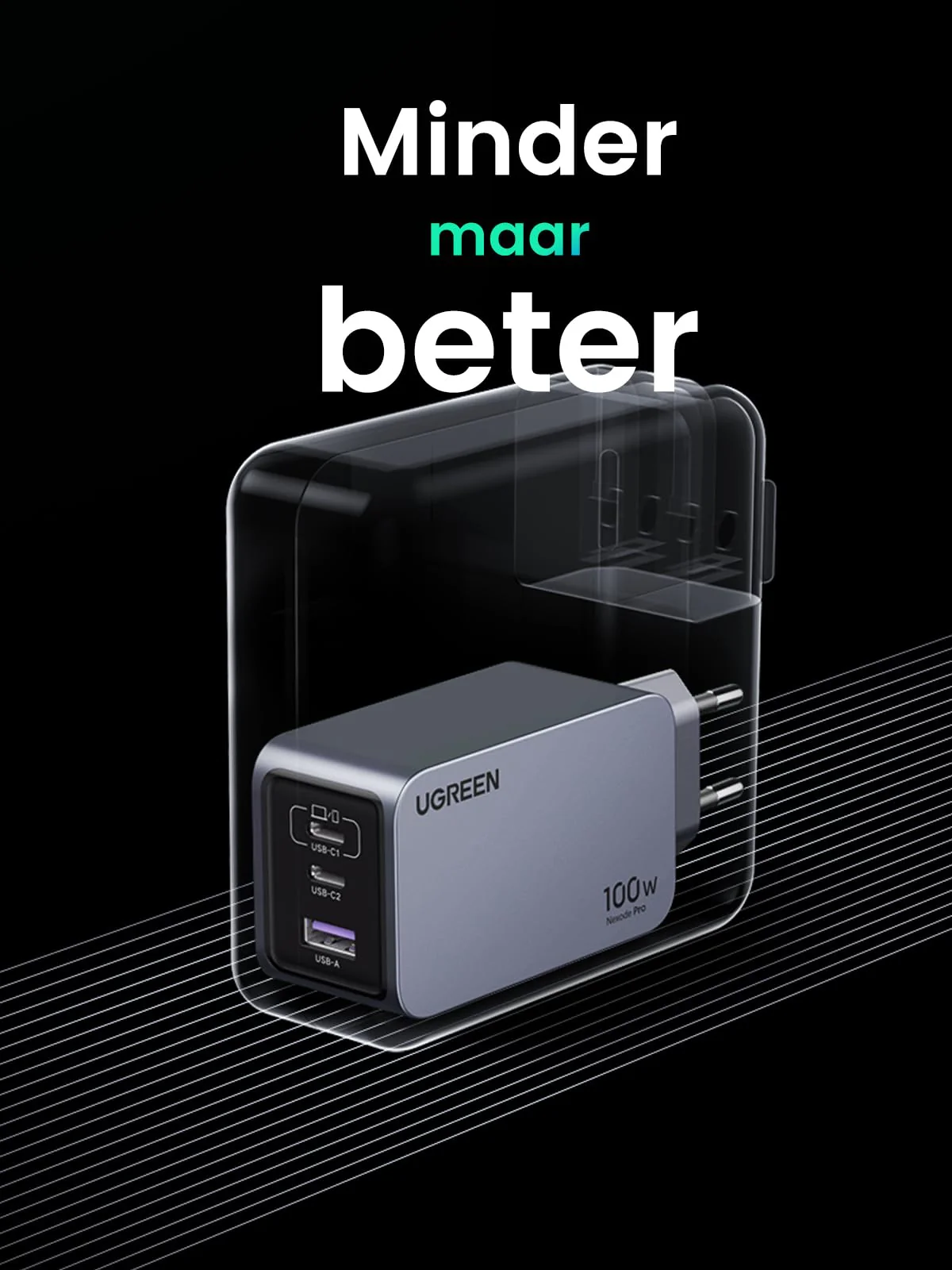 UGREEN Nexode Pro 100W Oplader GaN USB C 3-poorts snellader - Image 8