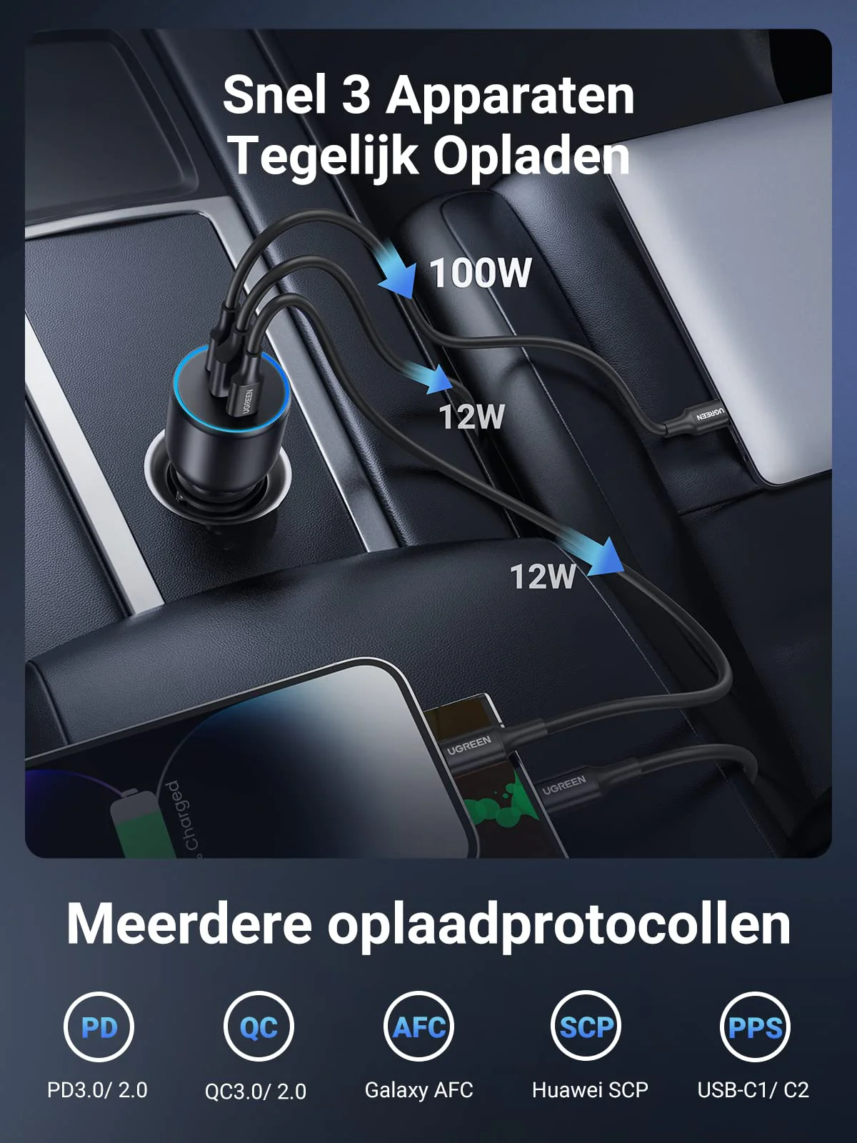 UGREEN 130W USB C Autolader, 3-poorts Sigarettenaansteker - Image 3