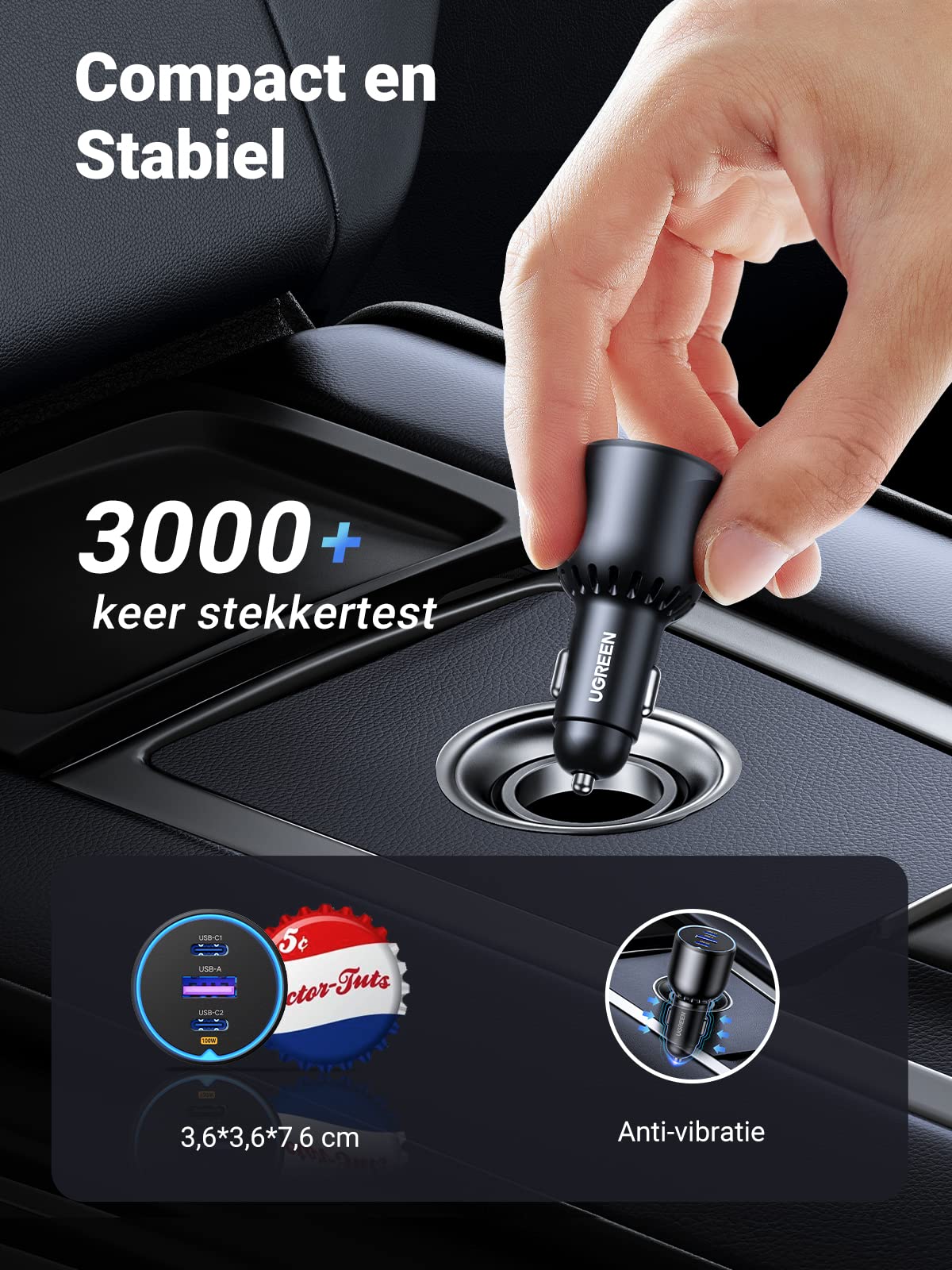 UGREEN 130W USB C Autolader, 3-poorts Sigarettenaansteker - Image 6