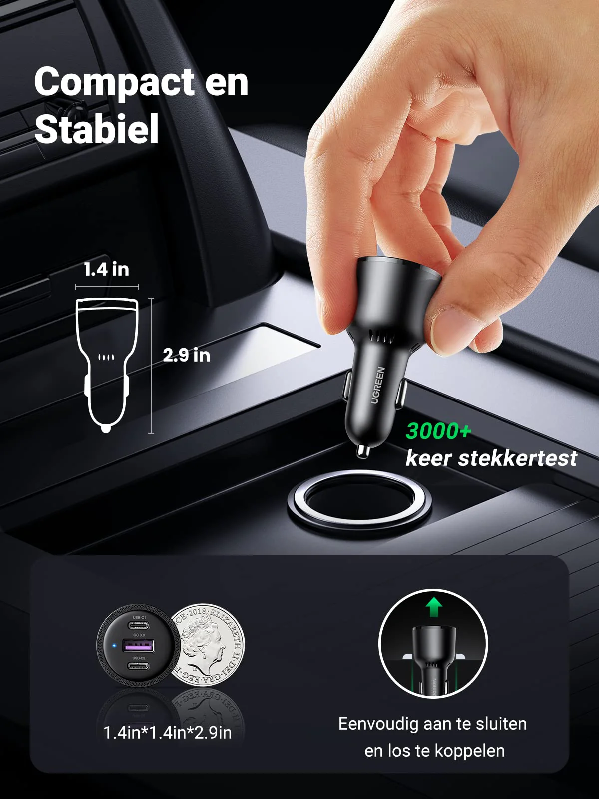 UGREEN 69W USB C Autolader, 3-poorts Sigarettenaansteker - Image 4