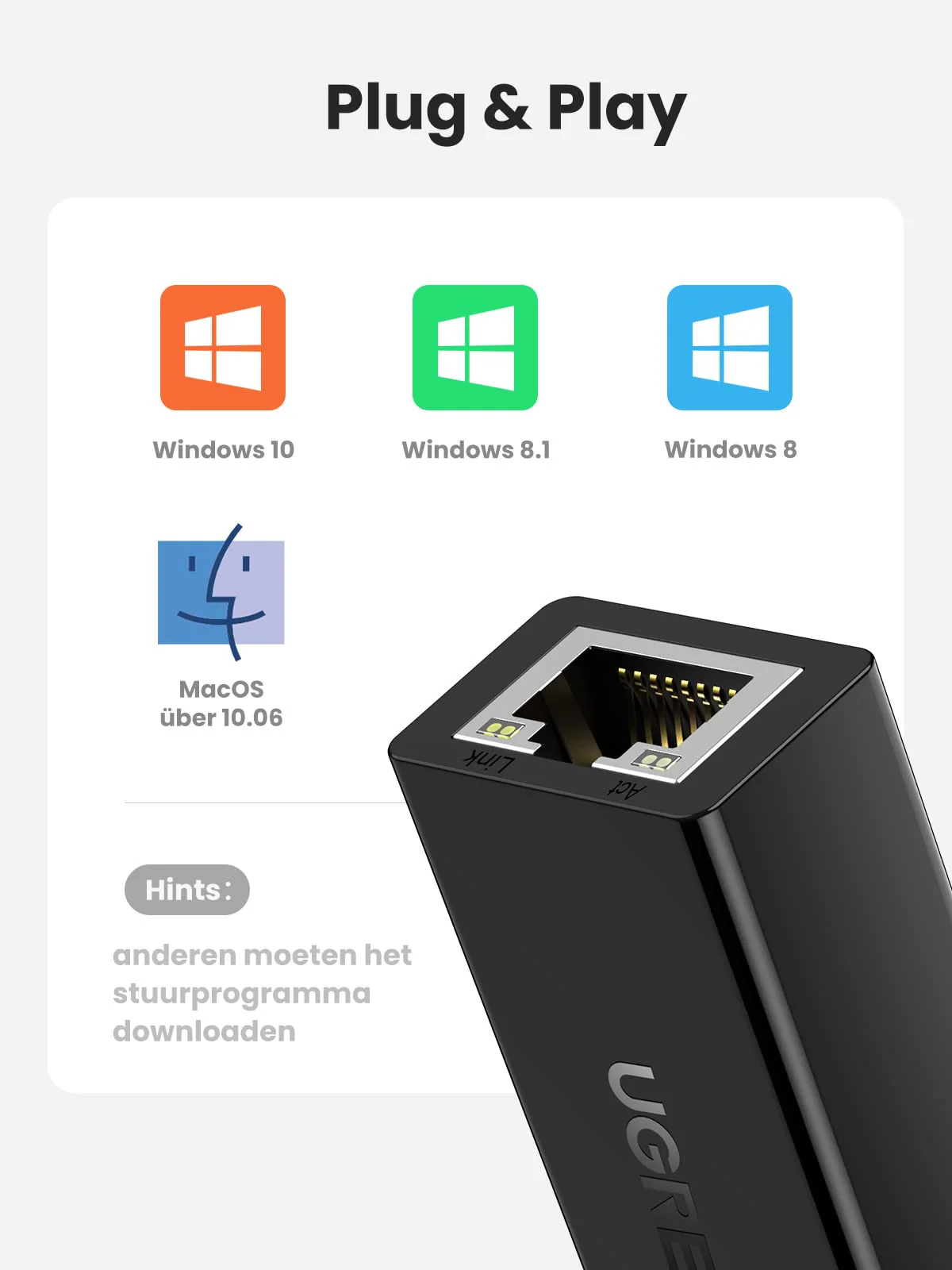 UGREEN USB 2.0 Ethernet Adapter USB 2.0 naar RJ45 Netwerkadapter 100Mbps LAN Adapter - Image 4