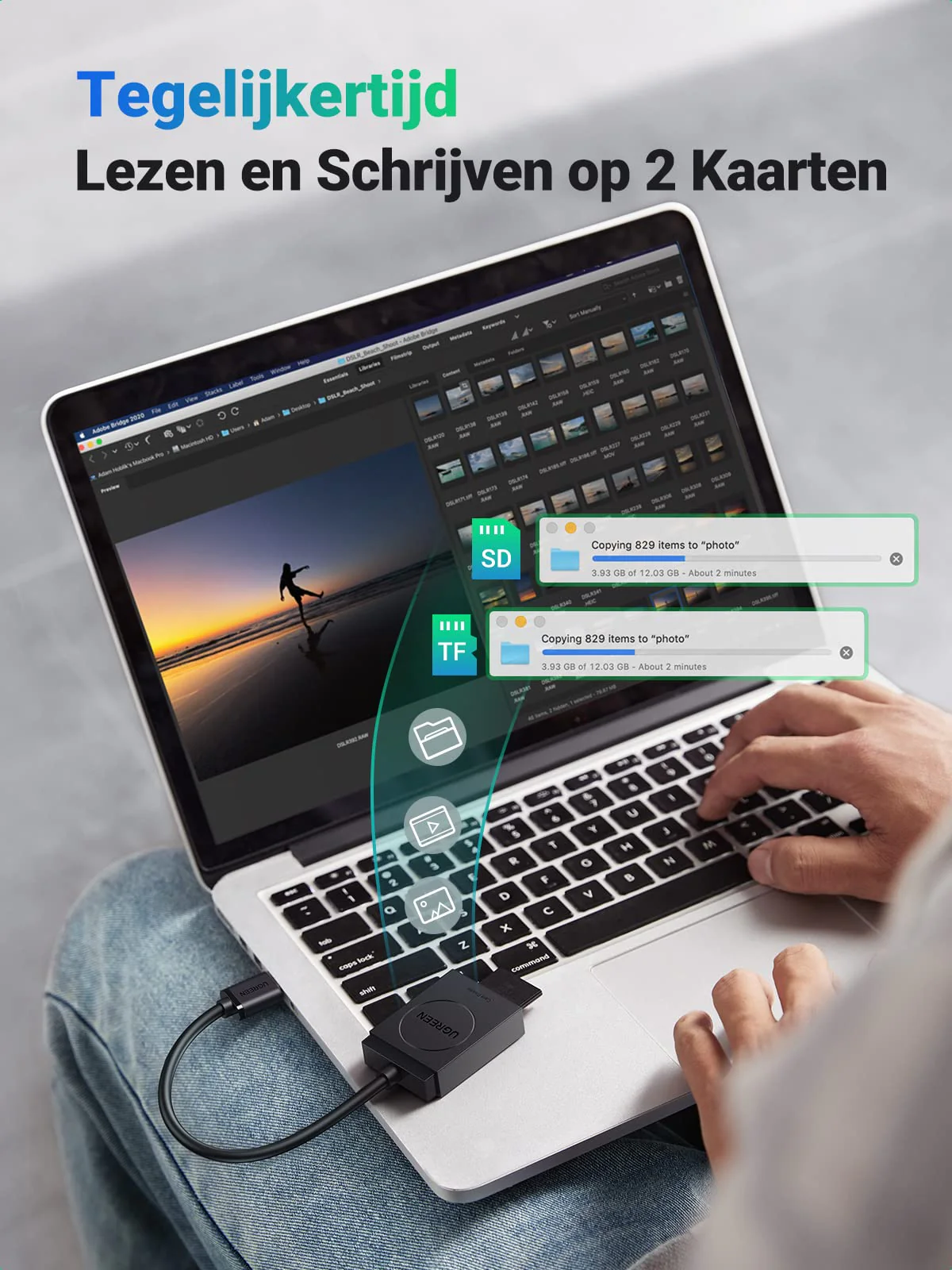 UGREEN USB 3.0 SD/TF Kaartlezer 2 Kaartsleuven USB Kaartlezer Adapter - Image 4