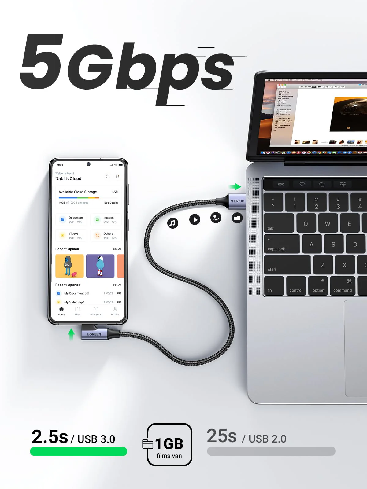 UGREEN USB C Kabel naar USB 3.0 Oplaadkabel 90° Type C Datakabel 5Gbps Hoek - Image 3