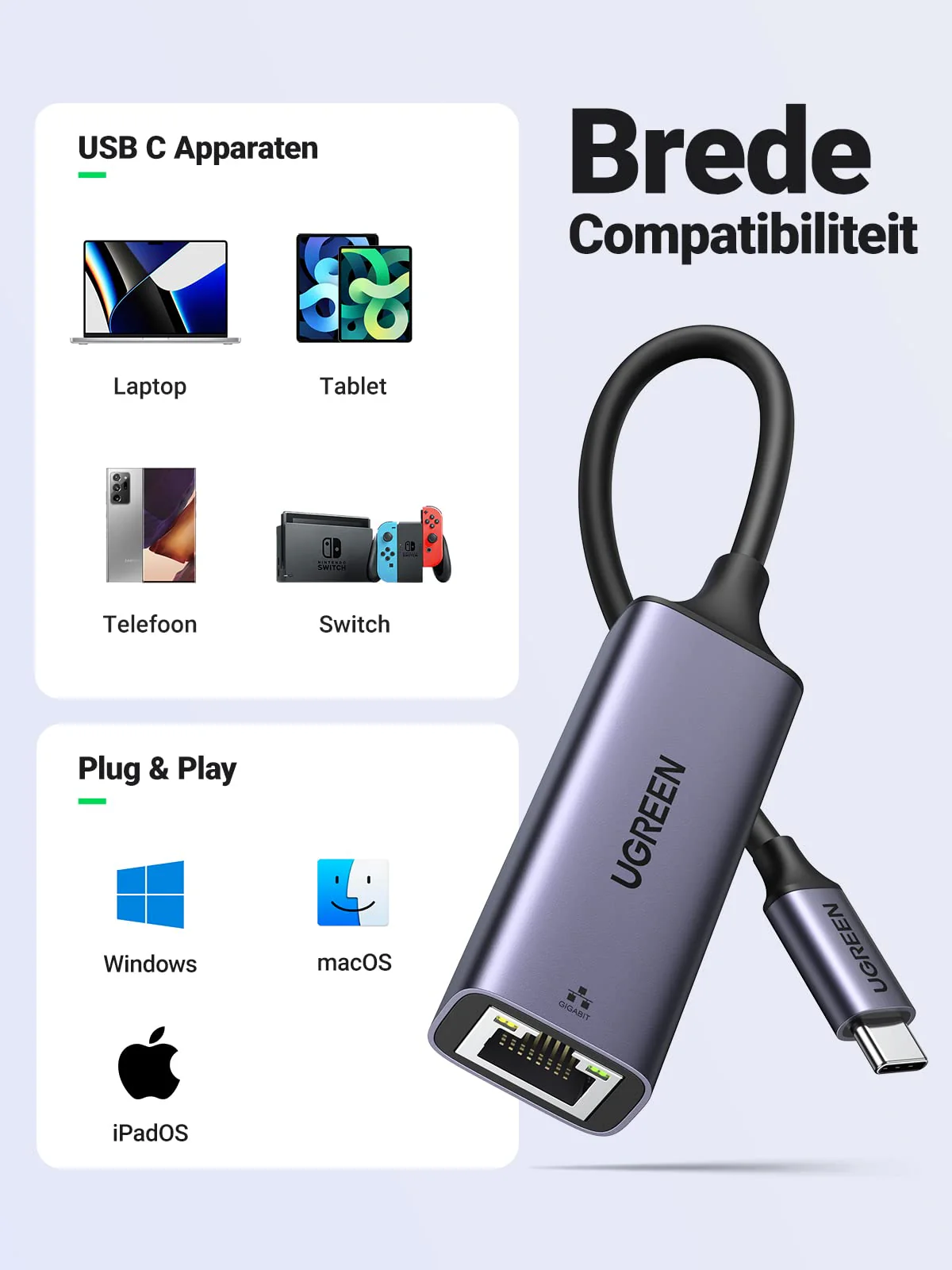 UGREEN USB C Ethernet Adapter USB Lan RJ45 1000Mbps Gigabit Netwerk Adapter Geschikt - Image 4