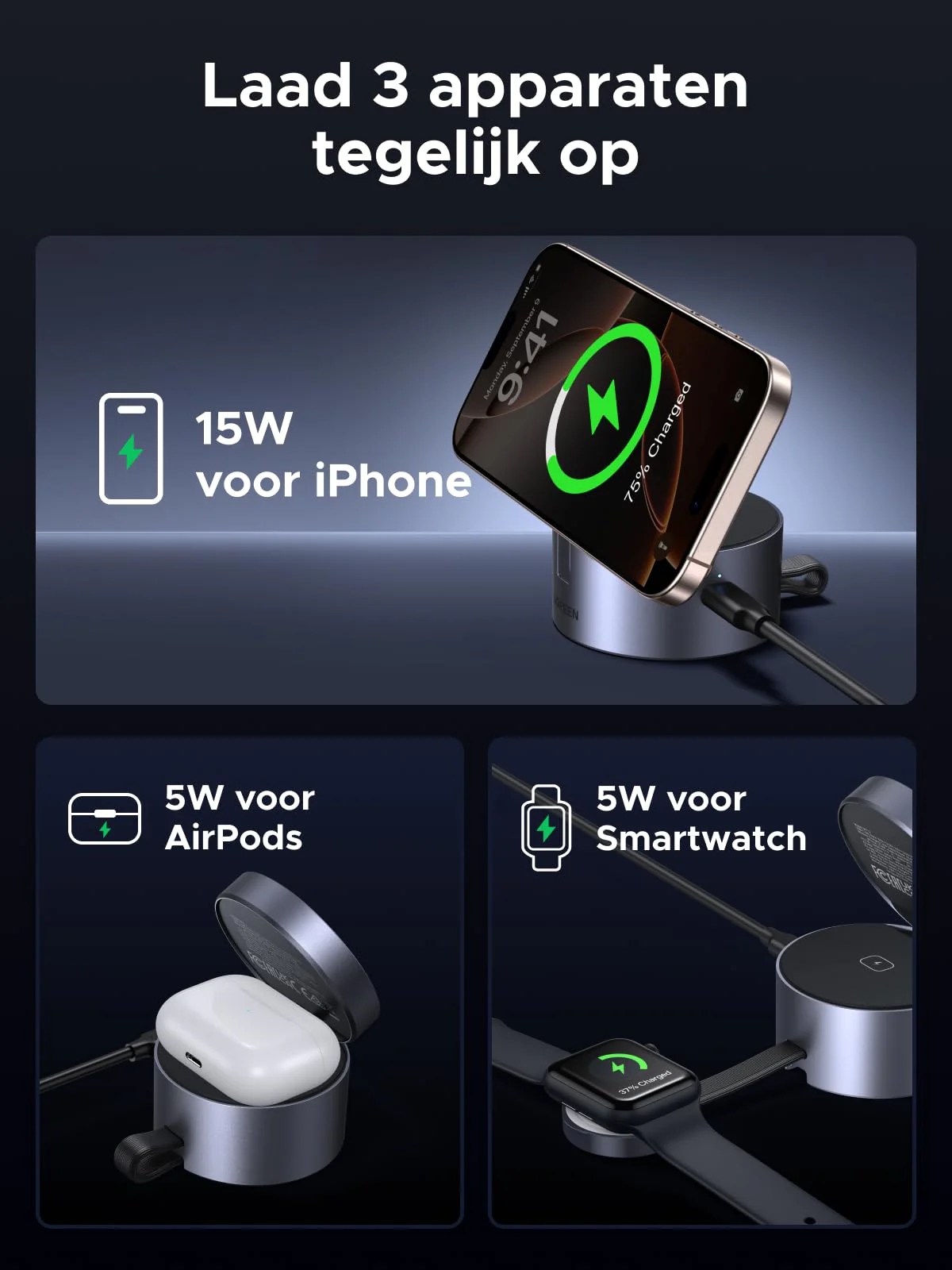 UGREEN UNO 3-in-1 Magnetische Draadloze Oplader 25W (MagSafe-compatibel) - Image 3