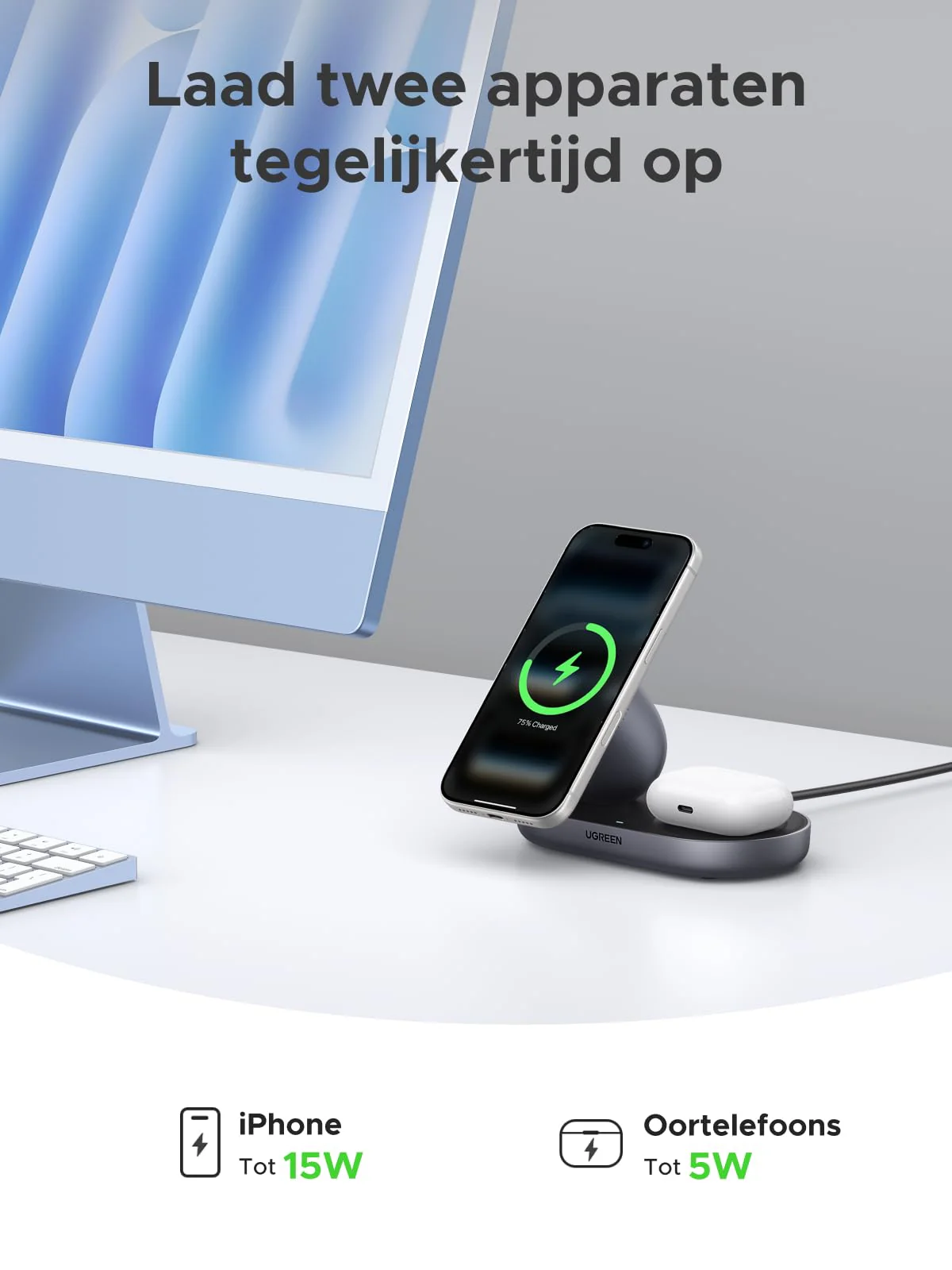 UGREEN Zapix Magnetische Draadloze Oplader met Standaard (2-in-1, Qi2 15W) - Image 3