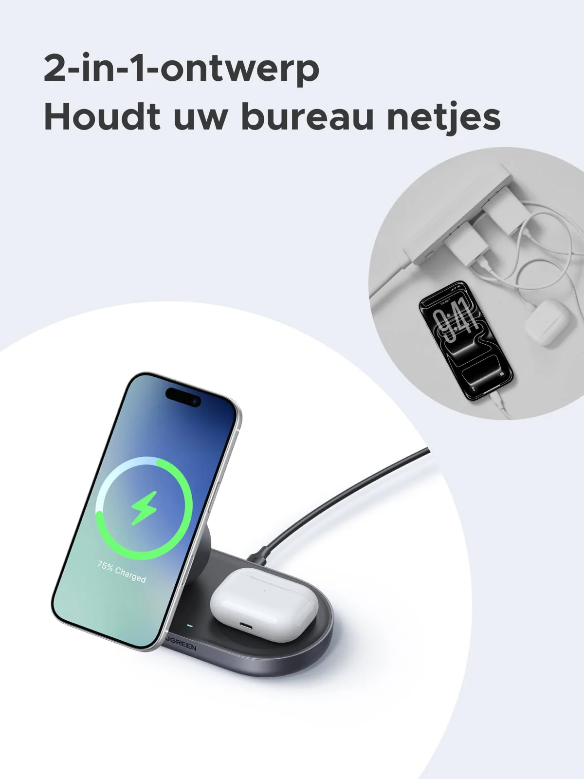 UGREEN Zapix Magnetische Draadloze Oplader met Standaard (2-in-1, Qi2 15W) - Image 8